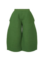 The CORRUGATED KNIT by ISSEY MIYAKE are high-waisted, wide-leg green pants crafted from ribbed fabric with heat-bonded thread. They feature a sculptural silhouette that flares at the hips and are shown against a plain white background. - DARK GREEN （no.63）