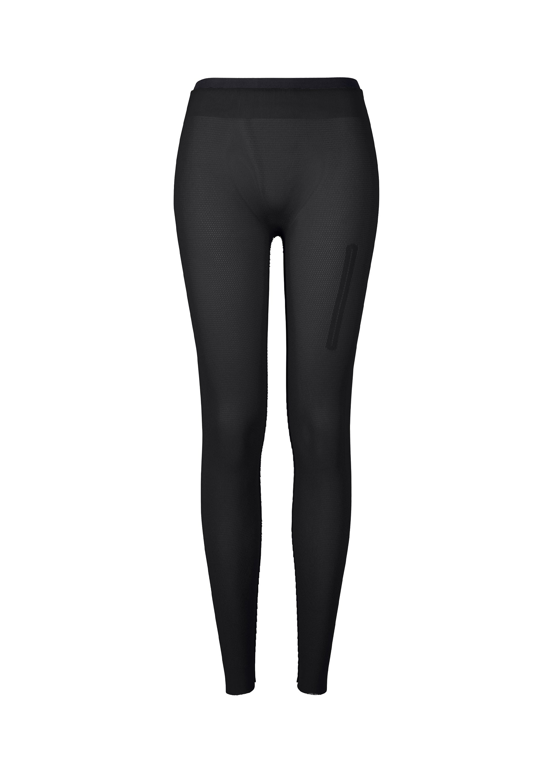 Zoomed view The ISSEY MIYAKE SLITS MESH AP features black, high-waisted, seamless leggings with a fitted design and subtle thigh pocket detail—ideal for layering—shown against a plain white background. - BLACK （no.15）