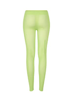 The SLITS MESH AP pants by ISSEY MIYAKE in neon green, shown from the back against a plain white background, feature sheer mesh knit ideal for layered styling.