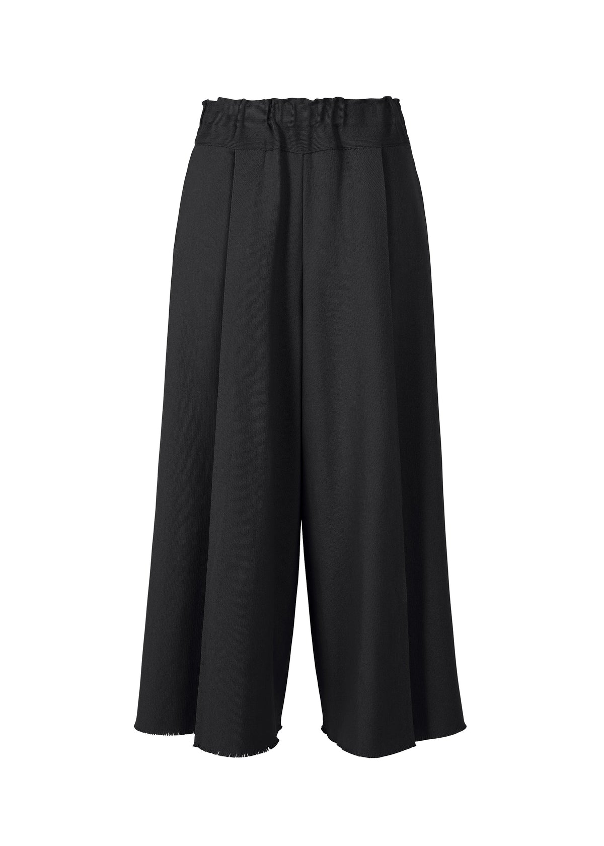 The CAMPAGNE pants by ISSEY MIYAKE are wide-leg black culottes with a high, gathered waistband and pleated front. Made from stretchy A-POC fabric, they offer a loose fit and feature a raw hem for modern style. view 1 of 6