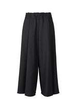 The CAMPAGNE pants by ISSEY MIYAKE are wide-leg black culottes with a high, gathered waistband and pleated front. Made from stretchy A-POC fabric, they offer a loose fit and feature a raw hem for modern style. - BLACK （no.15）