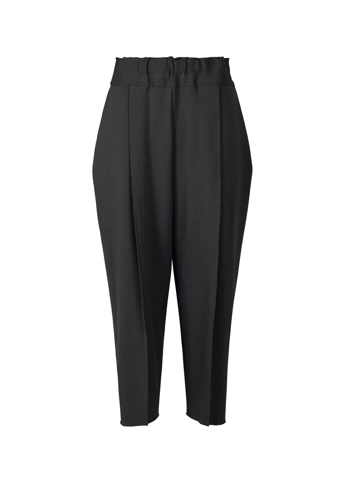 The CAMPAGNE pants by ISSEY MIYAKE are black, high-waisted, cropped with front pleats, a waistband with belt loops, slightly tapered legs, and made from stretchy fabric. Shown on a plain white background. view 1 of 5