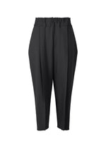 The CAMPAGNE pants by ISSEY MIYAKE are black, high-waisted, cropped with front pleats, a waistband with belt loops, slightly tapered legs, and made from stretchy fabric. Shown on a plain white background. - BLACK （no.15）