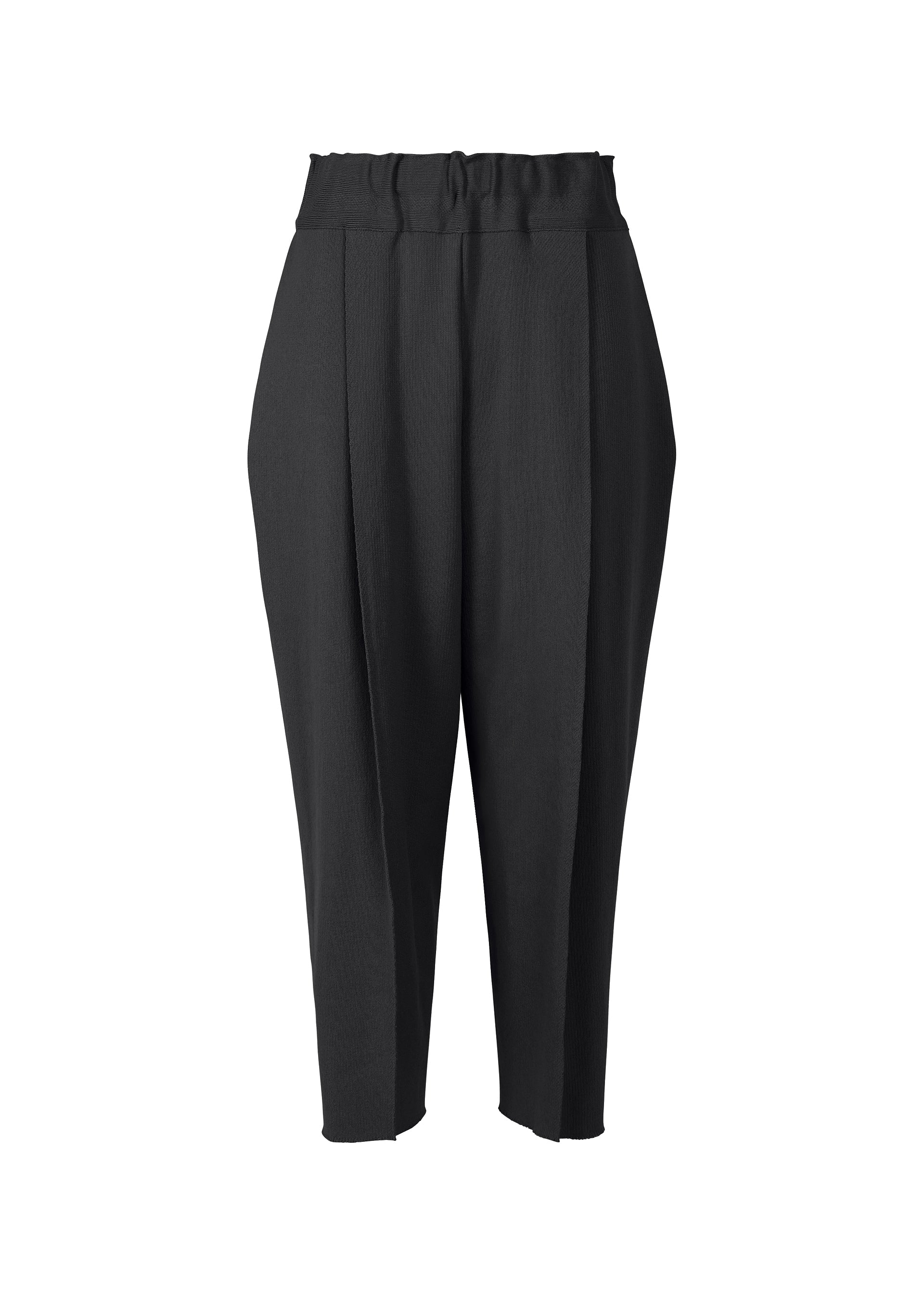 Zoomed view The CAMPAGNE pants by ISSEY MIYAKE are black, high-waisted, cropped with front pleats, a waistband with belt loops, slightly tapered legs, and made from stretchy fabric. Shown on a plain white background. - BLACK （no.15）