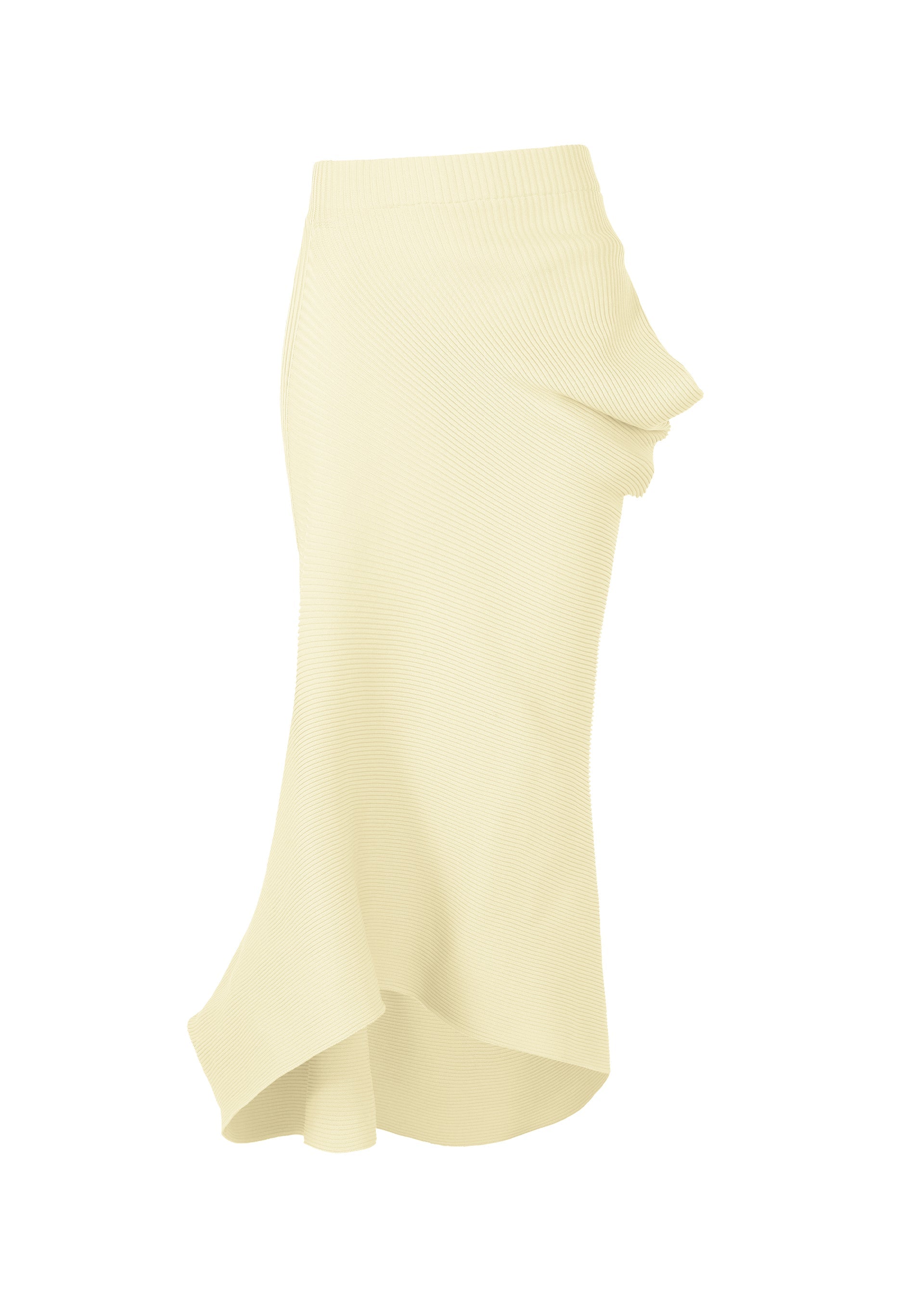 Zoomed view LIFE FORM by ISSEY MIYAKE: An ivory ribbed knit skirt made from recycled polyester, featuring an asymmetrical hem and gathered draping on one side for a sculptural, flowing look that's easy to care for. - OFF-WHITE （no.02）