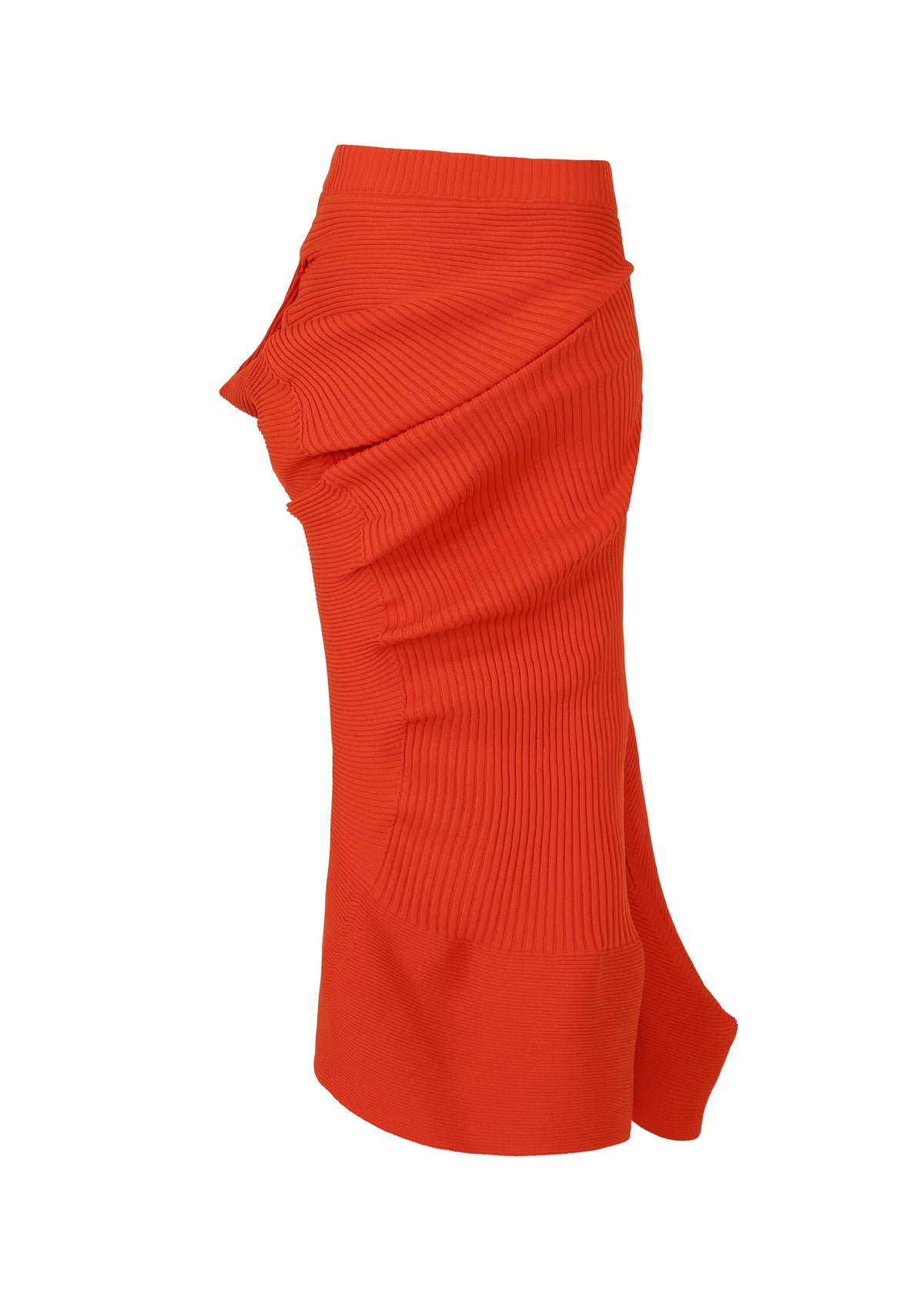 The LIFE FORM skirt by ISSEY MIYAKE is a vibrant orange ribbed knit made from recycled polyester, with an asymmetrical drape and side slit. Easy-care, this piece is showcased against a white background. view 4 of 8