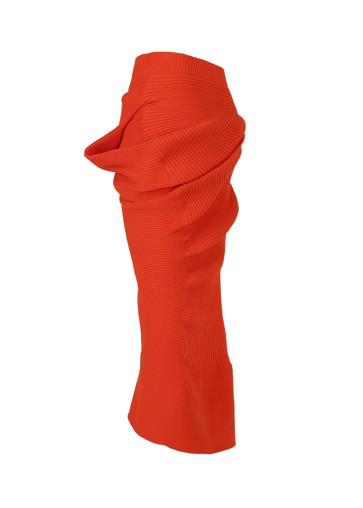 The LIFE FORM midi skirt by ISSEY MIYAKE is a bright orange, textured knit made from recycled polyester, featuring intricate pleating and sculptural draped details. Easy care; shown on a white background. view 5 of 8