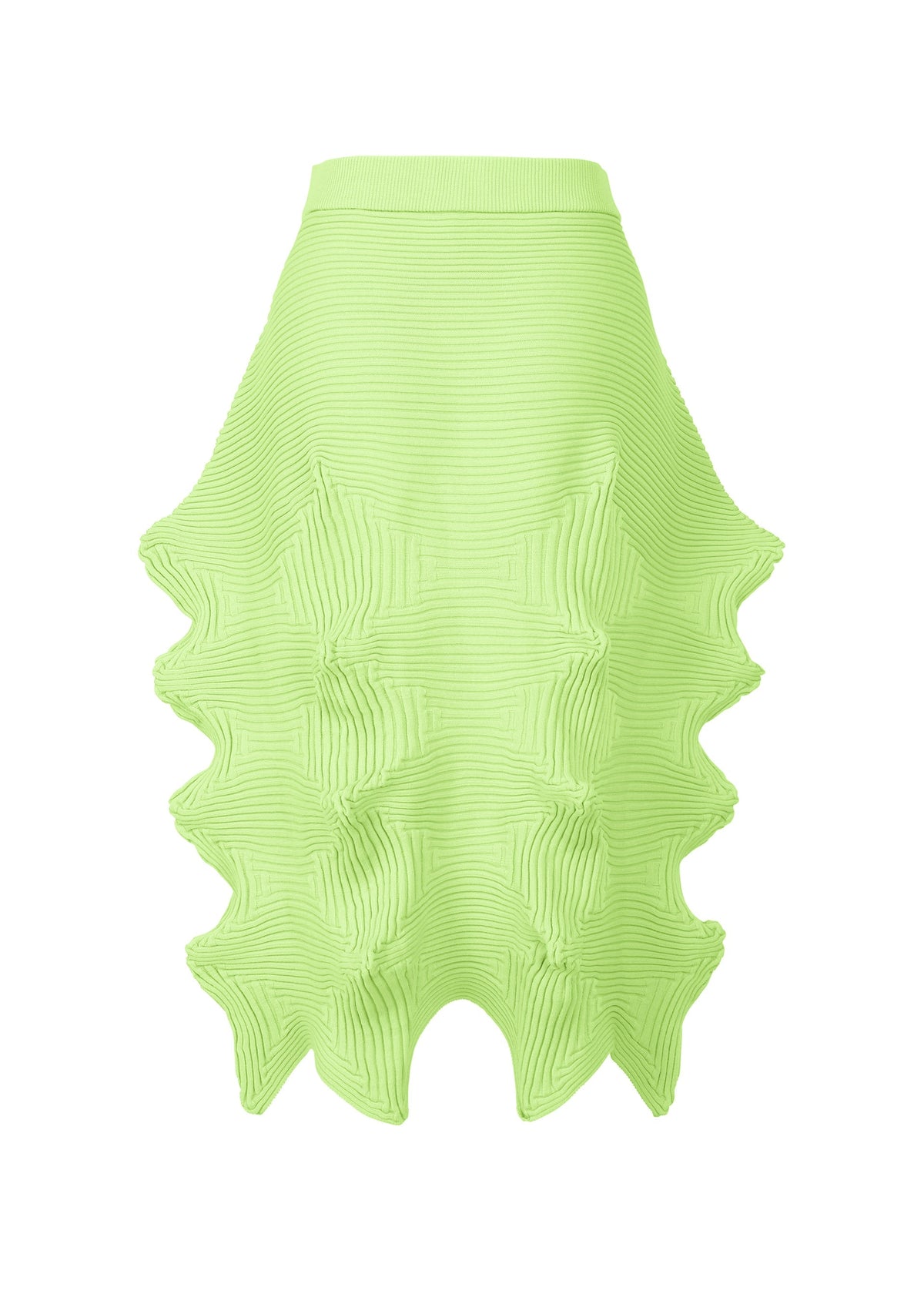 The LINKAGE skirt by ISSEY MIYAKE is a bright green knit made from recycled polyester, featuring ribbed patterns, wavy sculpted edges for a 3D star effect, a fitted waistband, and a playful silhouette. view 2 of 5