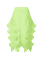 The LINKAGE skirt by ISSEY MIYAKE is a bright green knit made from recycled polyester, featuring ribbed patterns, wavy sculpted edges for a 3D star effect, a fitted waistband, and a playful silhouette.