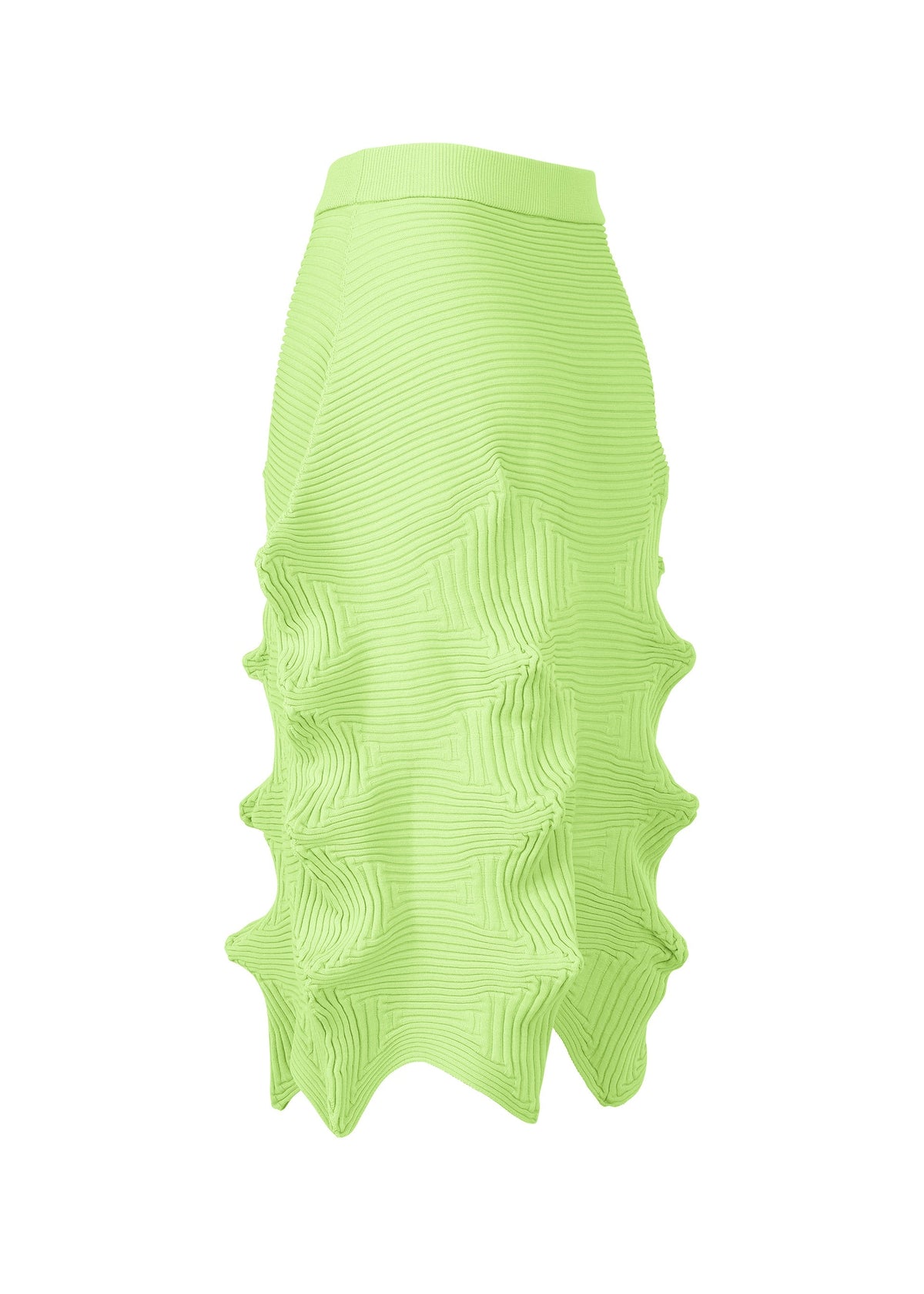 The LINKAGE skirt by ISSEY MIYAKE is a bright lime green, knee-length knit with ribbed texture and 3D wave-like details. Made from recycled polyester, it features a fitted waistband for a modern, eco-friendly silhouette. view 3 of 5