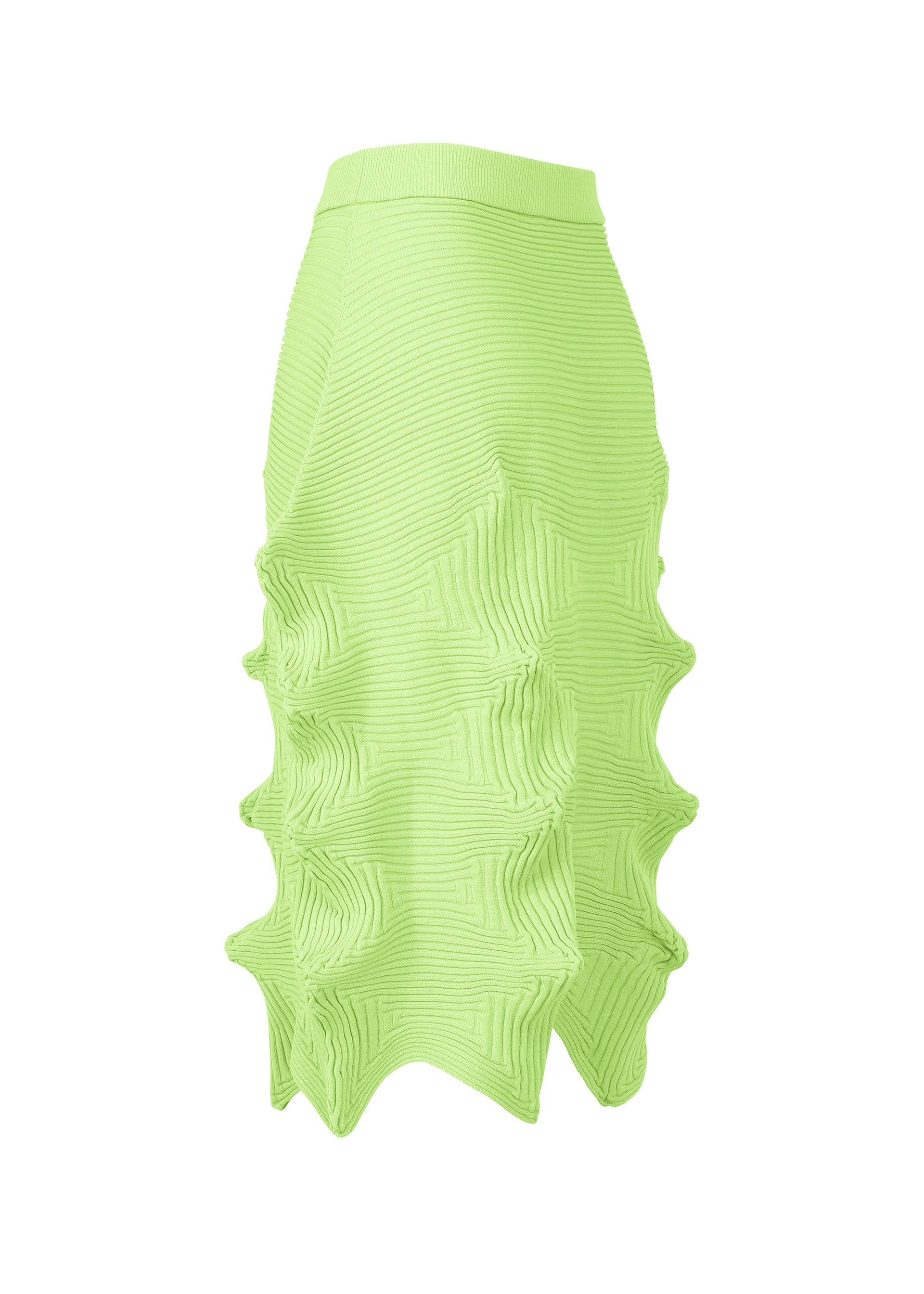 Zoomed view The LINKAGE skirt by ISSEY MIYAKE is a bright lime green, knee-length knit with ribbed texture and 3D wave-like details. Made from recycled polyester, it features a fitted waistband for a modern, eco-friendly silhouette.