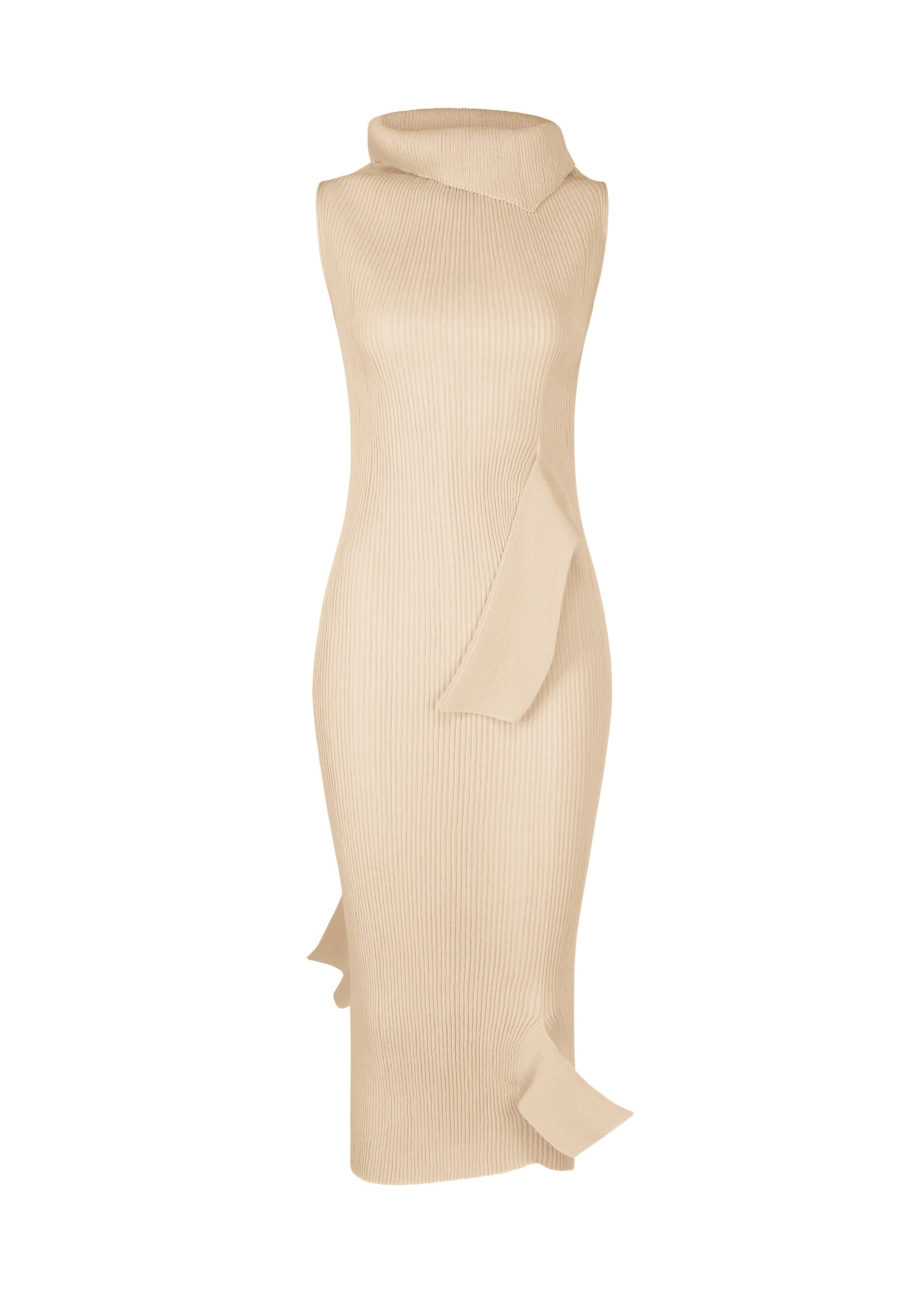 Zoomed view The ADVENTITIOUS: HIGH-NECKS by ISSEY MIYAKE is a sleeveless beige knit dress in organic cotton, featuring a high asymmetrical neckline and decorative fabric accents at the side and hem. - CHUKAR BEIGE （no.42）