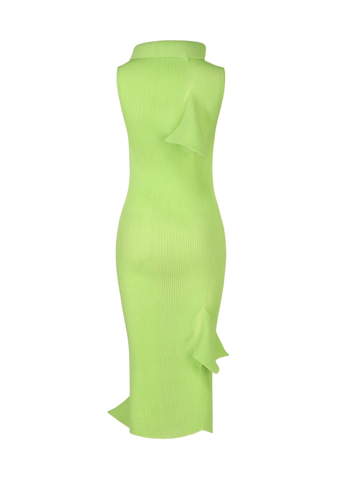 The ADVENTITIOUS：HIGH-NECKS dress by ISSEY MIYAKE is a light green, sleeveless, fitted knit made from organic cotton, featuring a high neckline and distinctive asymmetrical ruffles on the back and lower side. view 3 of 8