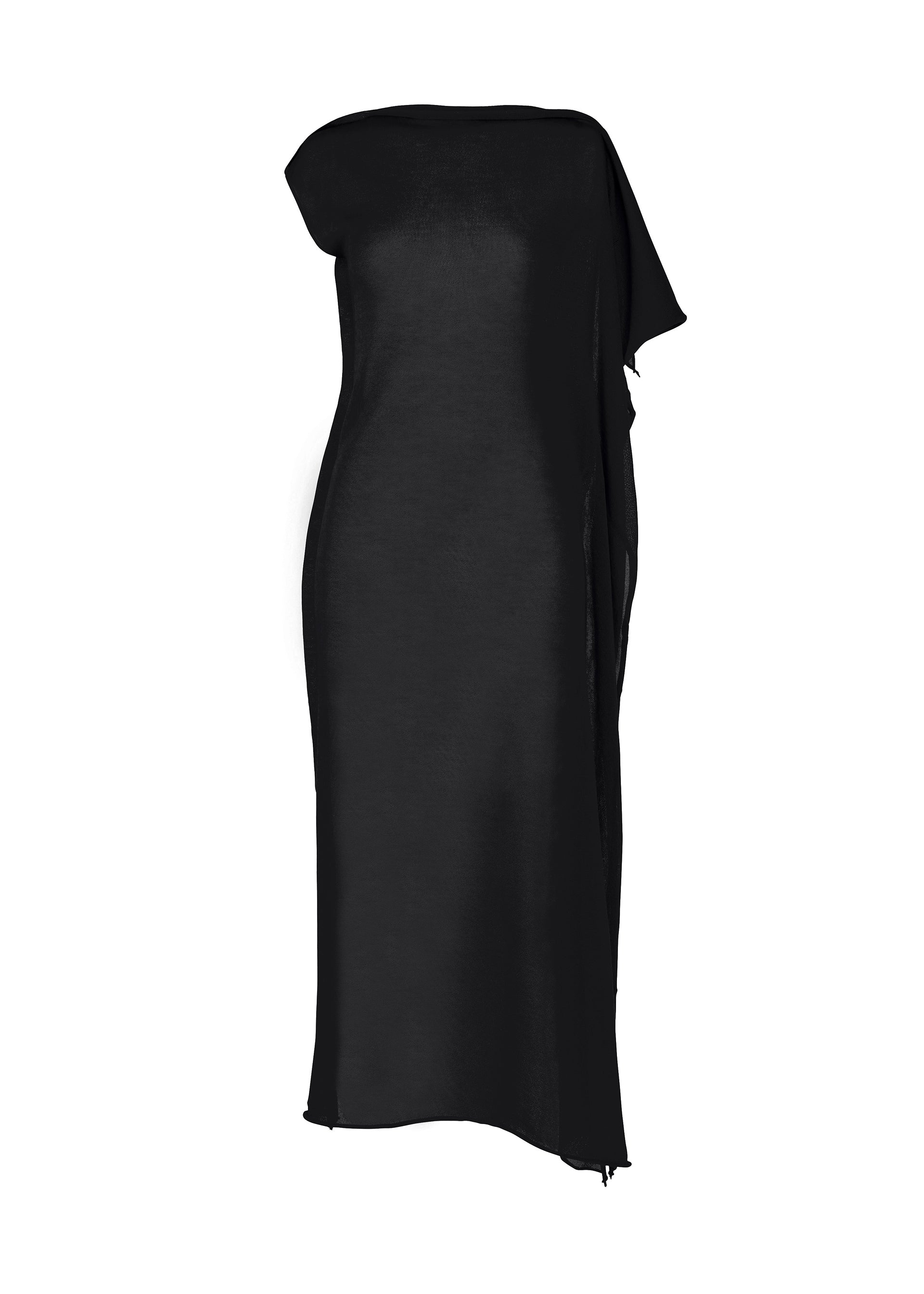 Zoomed view The CONCEALED KNIT by ISSEY MIYAKE is a sleeveless, asymmetrical black dress with a draped shoulder and ankle-length hem, crafted from a lightweight, slightly sheer lyocell blend in a modern minimalist design. - BLACK （no.15）