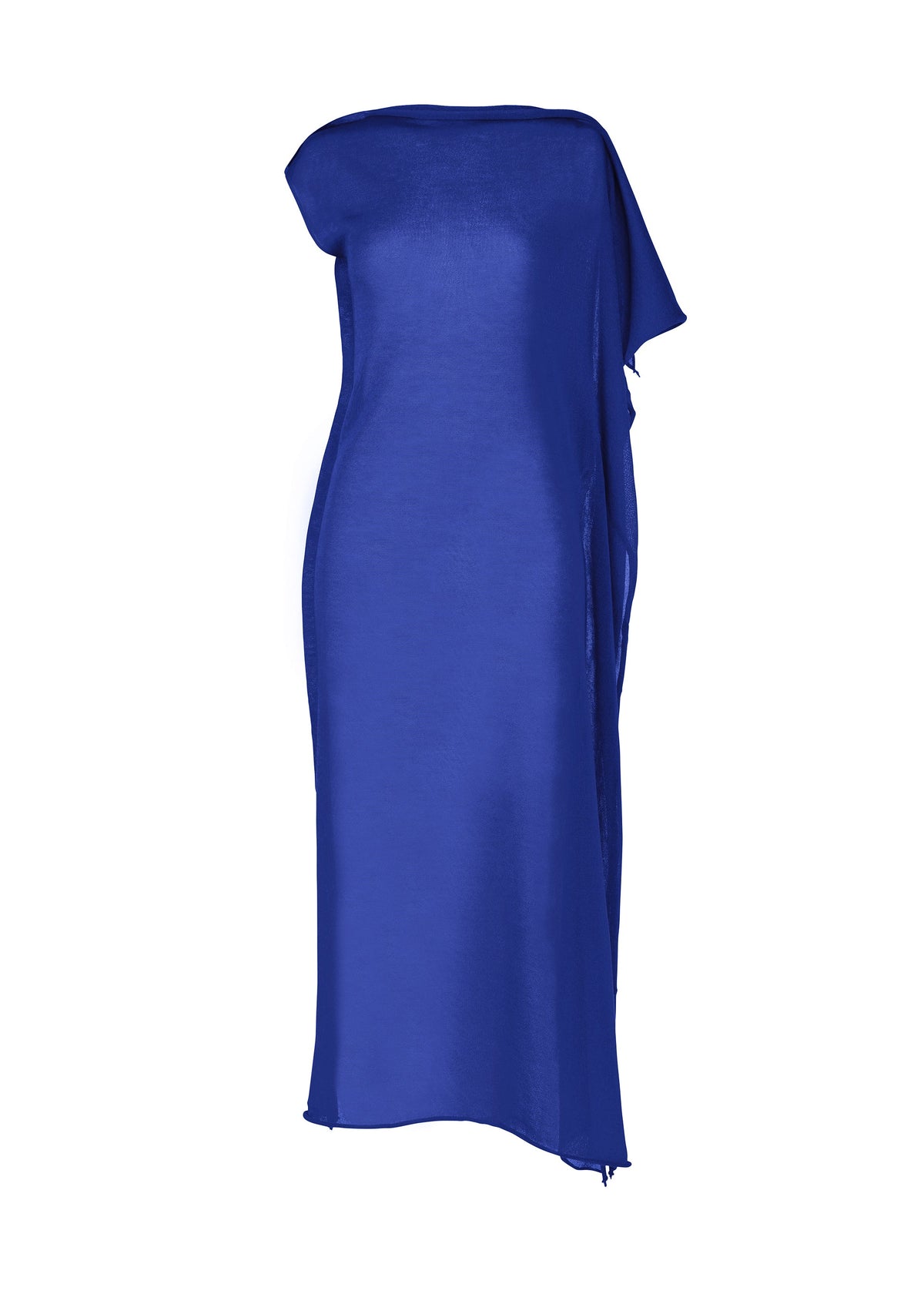 The ISSEY MIYAKE CONCEALED KNIT dress is a sleeveless, royal blue midi with an asymmetrical one-shoulder draped design, crafted from a lightweight lyocell blend for an elegant flow. view 2 of 5