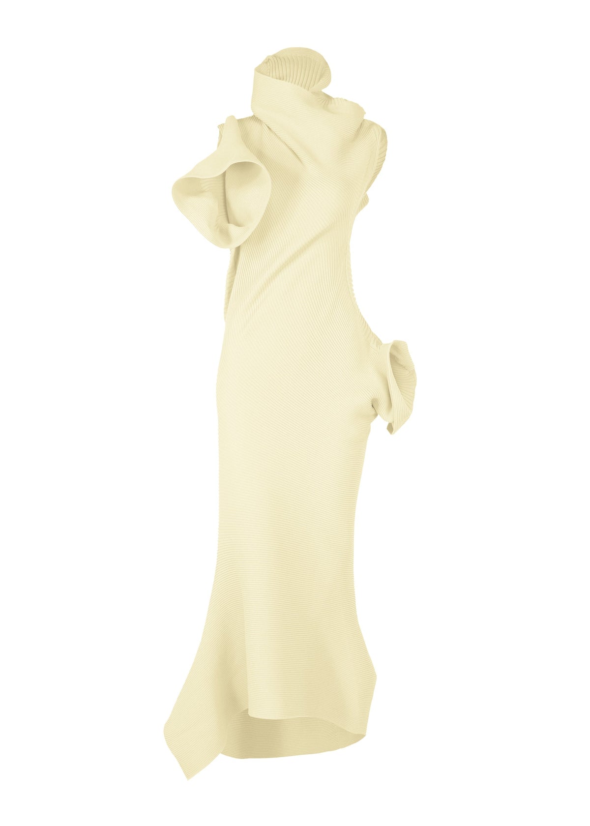 The LIFE FORM dress by ISSEY MIYAKE is a sleeveless cream knit with asymmetrical ruffles, high collar, and flowing hemline. Made from recycled polyester, it combines organic shapes and textured fabric for an avant-garde yet easy-care look. view 1 of 7