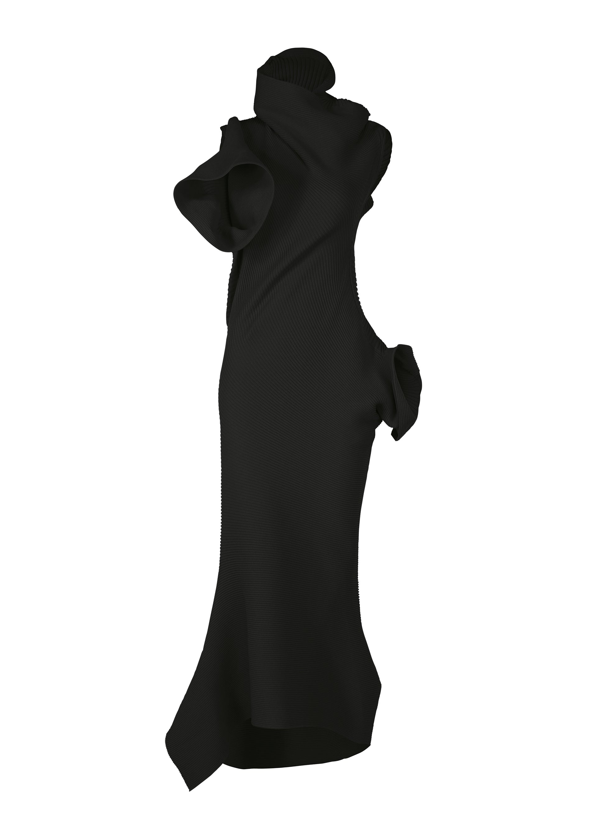 Zoomed view The ISSEY MIYAKE LIFE FORM dress is a sleeveless black knit with an asymmetrical hem, featuring bold ruffles at the shoulder and hip. Made from easy care recycled polyester, it’s shown on a plain white background. - BLACK （no.15）