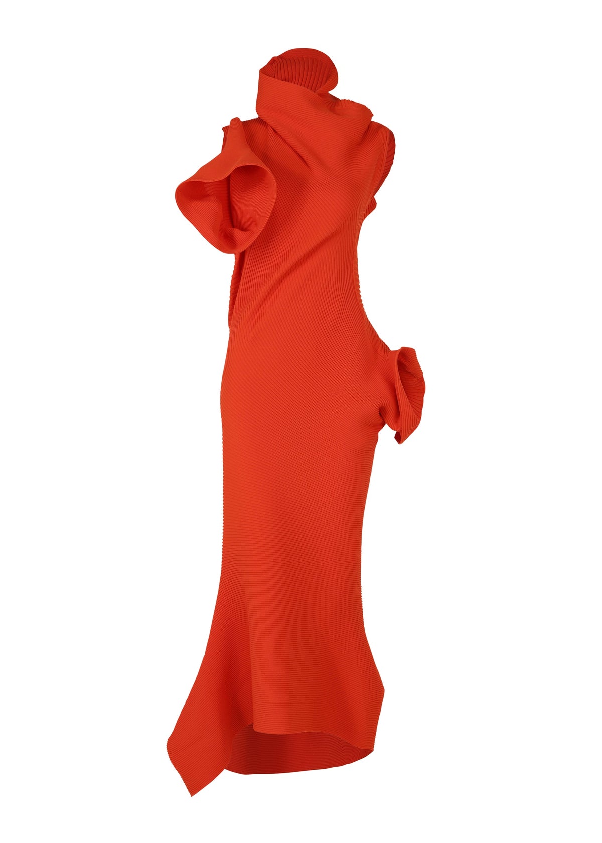 The ISSEY MIYAKE LIFE FORM dress is a striking, red-orange knit made of textured recycled polyester, with sculptural asymmetrical ruffles, a high collar, and architectural details. It’s easy-care and stands out against a white background. view 3 of 7
