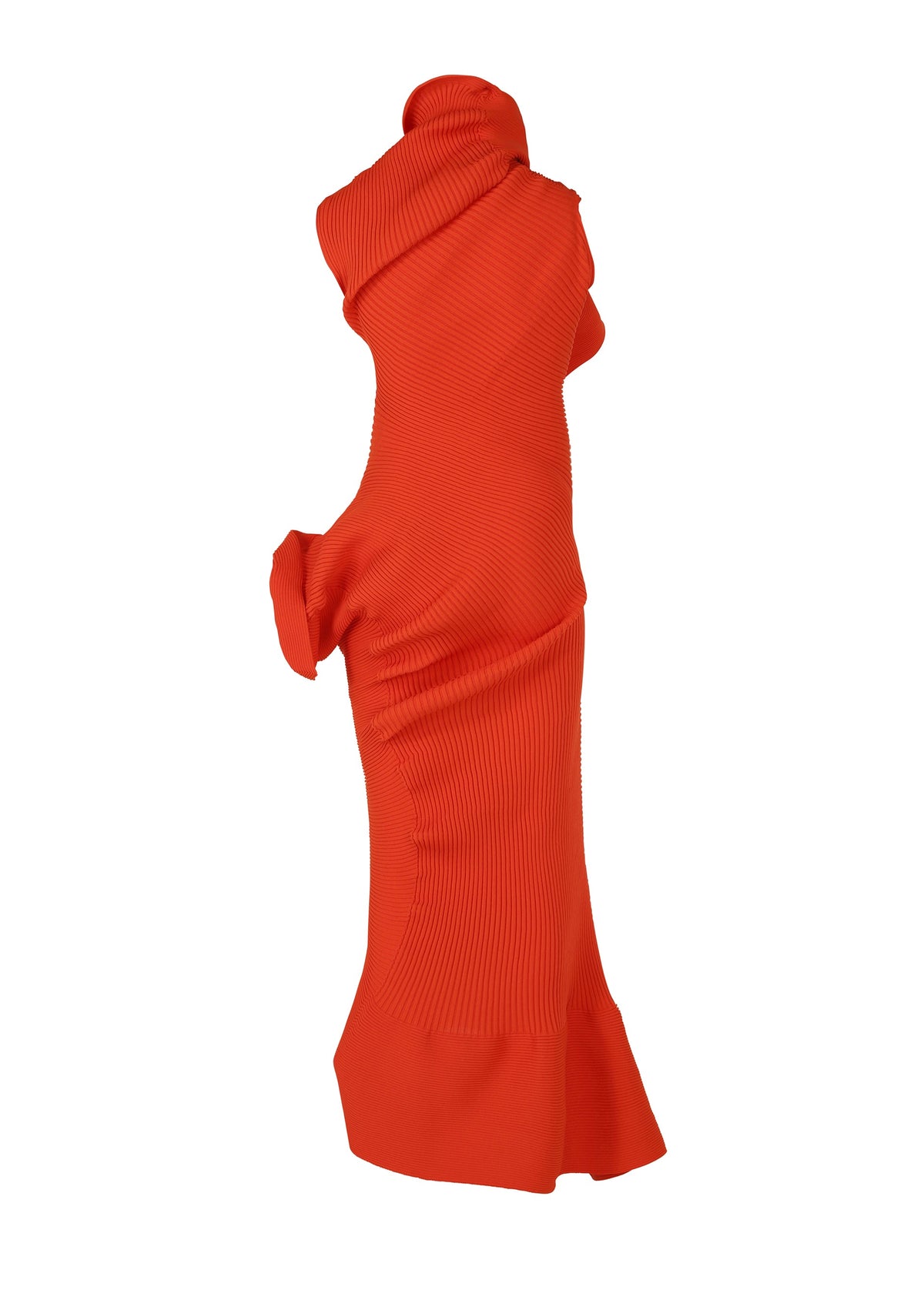 LIFE FORM by ISSEY MIYAKE is a sculptural, floor-length red knit dress crafted from recycled polyester with ribbed texture, asymmetrical folds, and an abstract wrapped design, shown on a white background. view 4 of 7