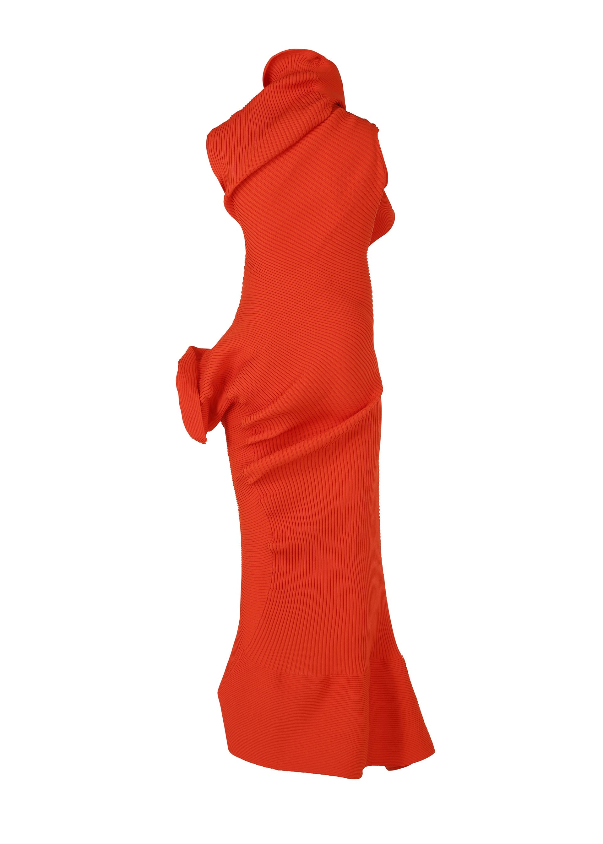 Zoomed view LIFE FORM by ISSEY MIYAKE is a sculptural, floor-length red knit dress crafted from recycled polyester with ribbed texture, asymmetrical folds, and an abstract wrapped design, shown on a white background.