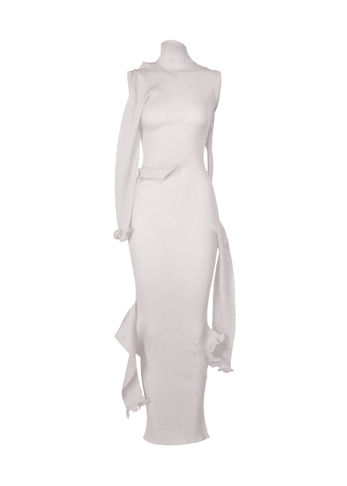 The ADVENTITIOUS：SLEEVES by ISSEY MIYAKE is a sleeveless, high-neck, floor-length white knit dress with an asymmetrical design, sheer fabric, cut-outs, and loose ribbon-like strips for versatile styling. view 1 of 8