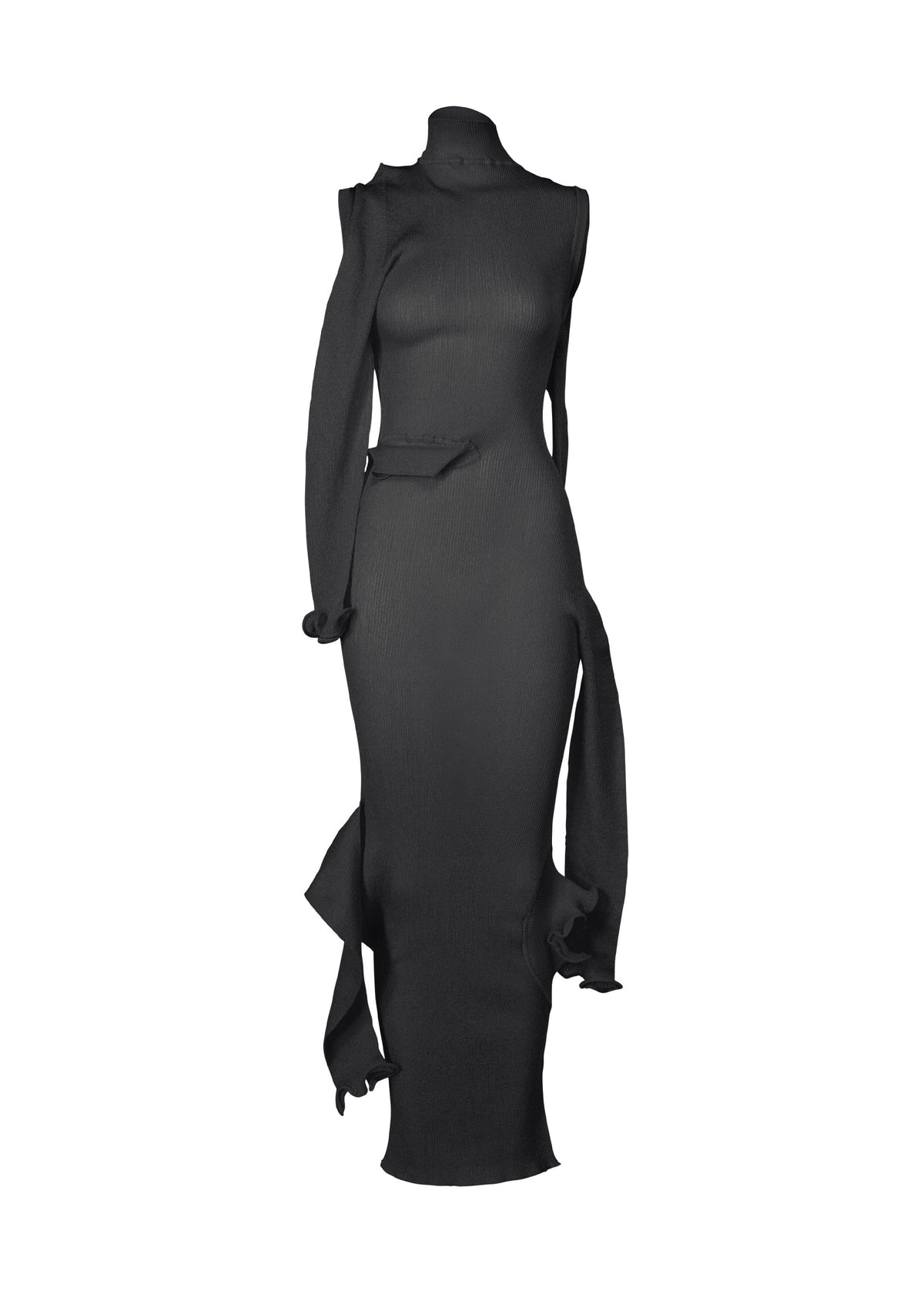 The ADVENTITIOUS: SLEEVES dress by ISSEY MIYAKE is a sleeveless, high-neck black knit piece with a form-fitting silhouette, asymmetrical cutouts, and draped ruffles for versatile waist and hemline styling. view 2 of 8