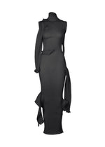 The ADVENTITIOUS: SLEEVES dress by ISSEY MIYAKE is a sleeveless, high-neck black knit piece with a form-fitting silhouette, asymmetrical cutouts, and draped ruffles for versatile waist and hemline styling. - CHARCOAL （no.14）