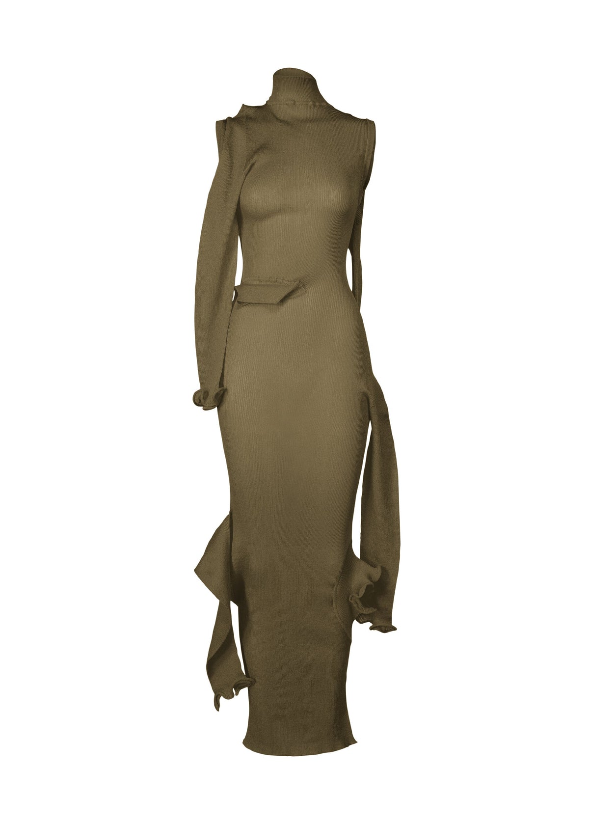The ISSEY MIYAKE ADVENTITIOUS：SLEEVES is a long, fitted olive-brown knit dress with a high neckline, sleeveless silhouette, asymmetrical ruffle details at the hem and waist, crafted with a non-sewn knitting technique and shown on a white background. view 4 of 8