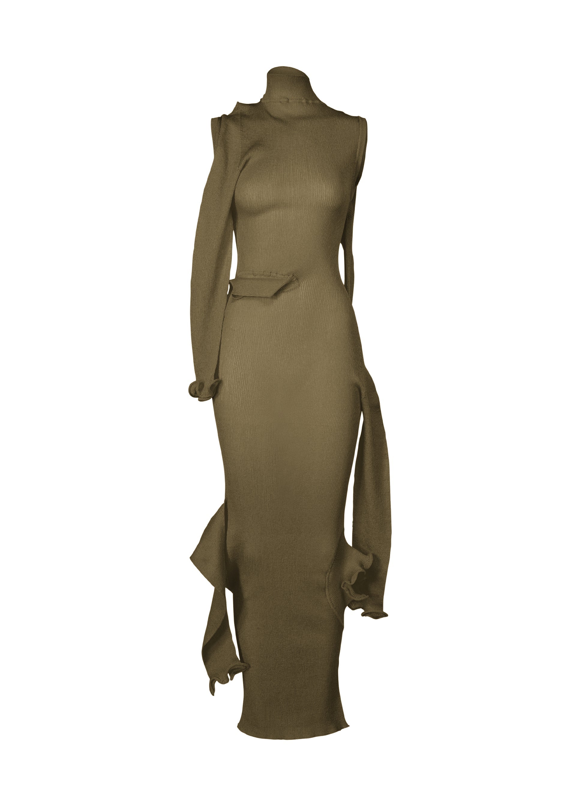 Zoomed view The ISSEY MIYAKE ADVENTITIOUS：SLEEVES is a long, fitted olive-brown knit dress with a high neckline, sleeveless silhouette, asymmetrical ruffle details at the hem and waist, crafted with a non-sewn knitting technique and shown on a white background. - KHAKI （no.65）