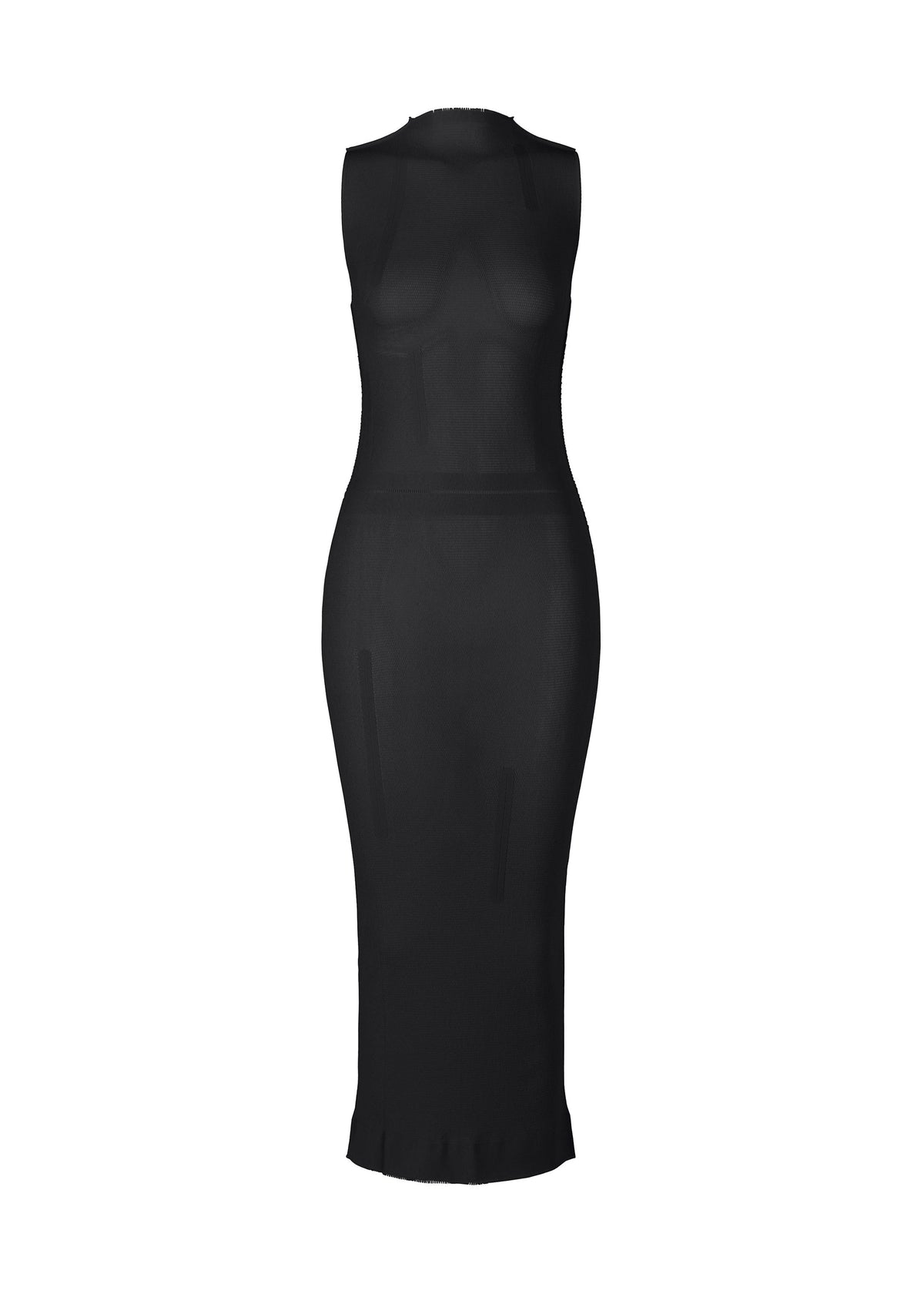 The ISSEY MIYAKE SLITS MESH AP is a sleek, form-fitting sleeveless dress in black mesh with a sheer, minimalist design, shown on a plain white background. view 1 of 5
