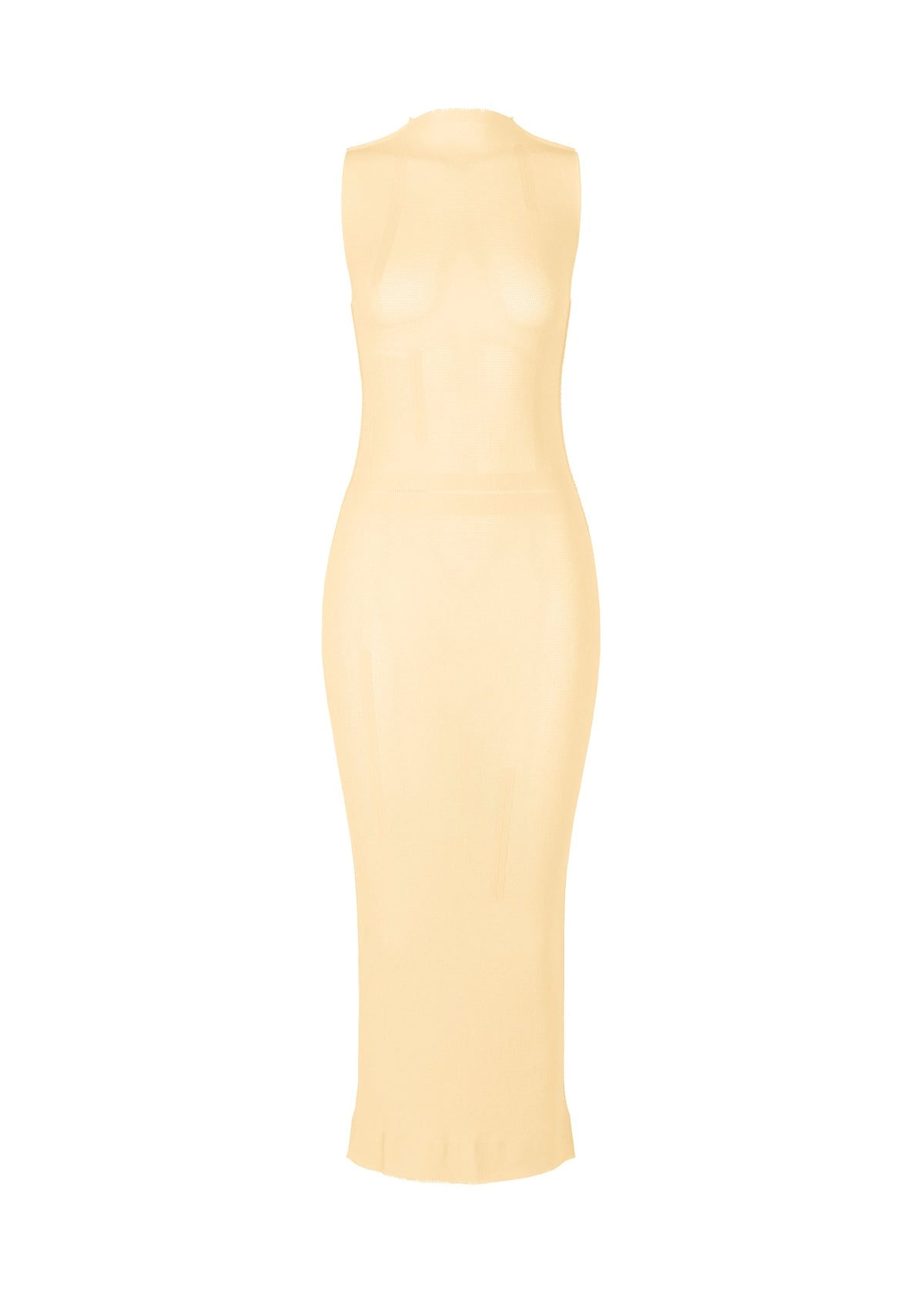 The ISSEY MIYAKE SLITS MESH AP is a sleeveless, form-fitting sheer beige mesh dress with a high mock neck and minimalist design, displayed on a white background. view 2 of 5