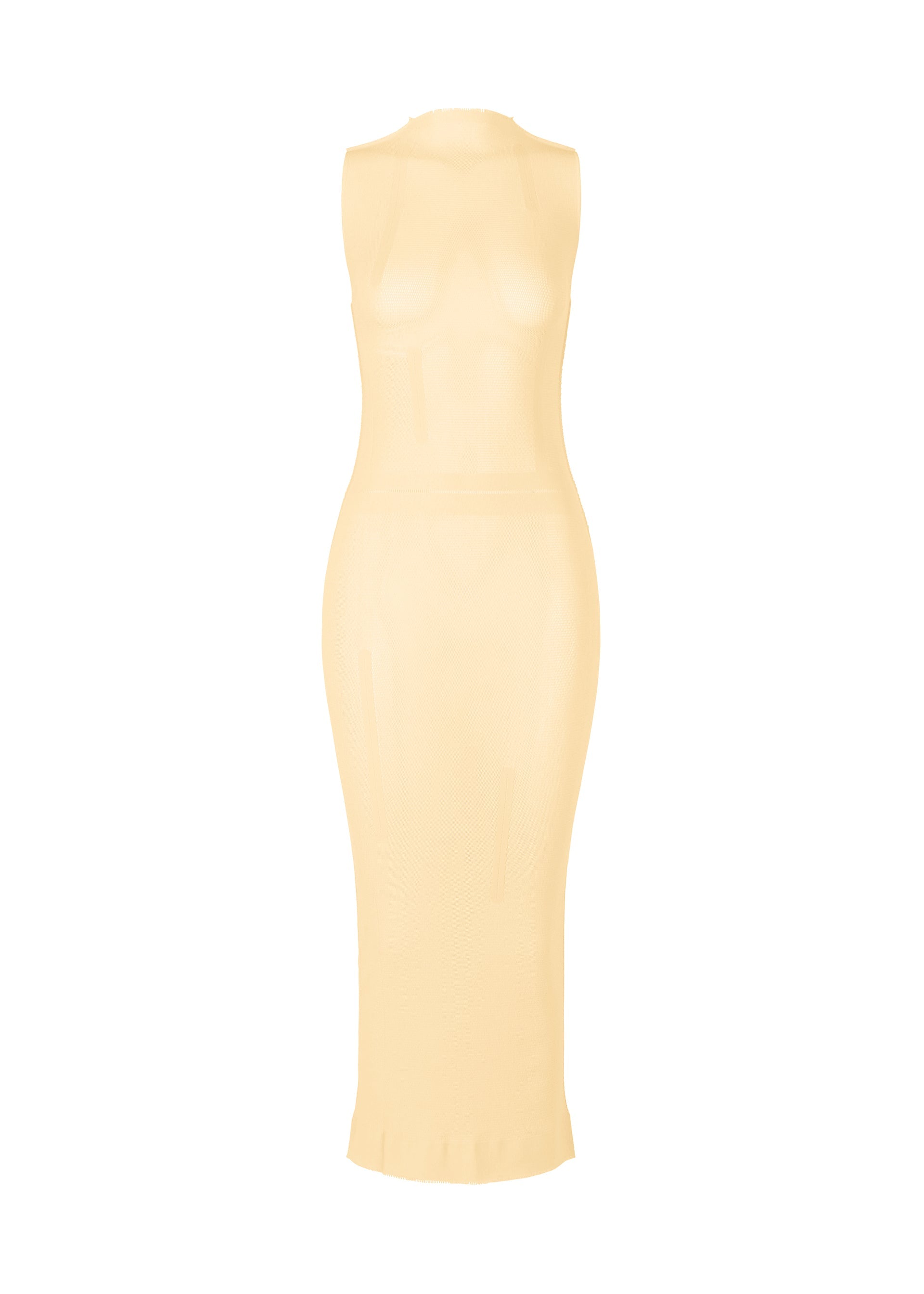 Zoomed view The ISSEY MIYAKE SLITS MESH AP is a sleeveless, form-fitting sheer beige mesh dress with a high mock neck and minimalist design, displayed on a white background. - EGG BEIGE （no.49）