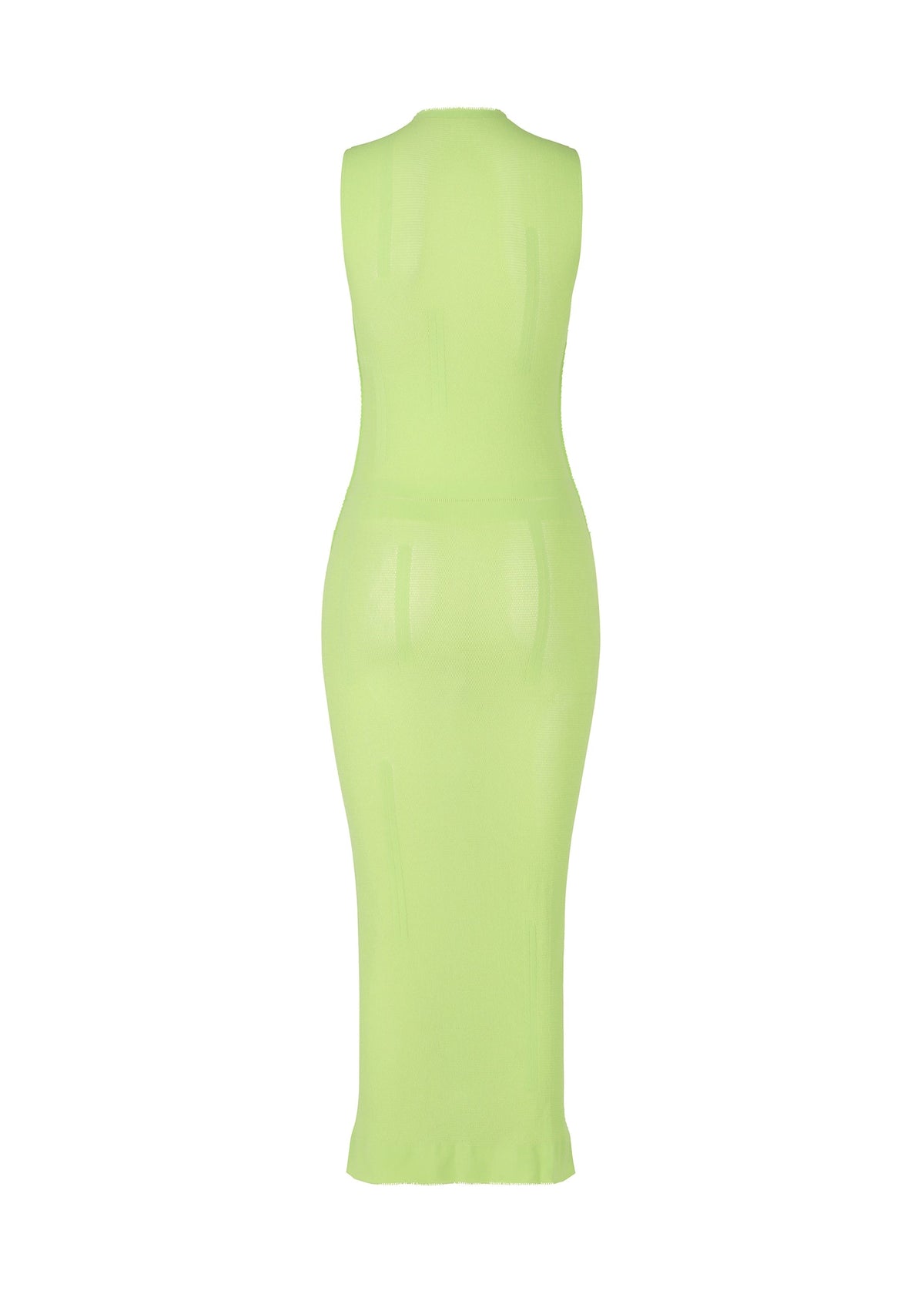 The SLITS MESH AP by ISSEY MIYAKE is a sleeveless, light green mesh knitted dress with a mock-neck, shown from the back against a plain white background. view 3 of 5