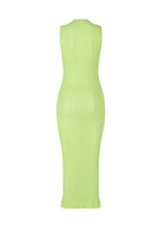 The SLITS MESH AP by ISSEY MIYAKE is a sleeveless, light green mesh knitted dress with a mock-neck, shown from the back against a plain white background.