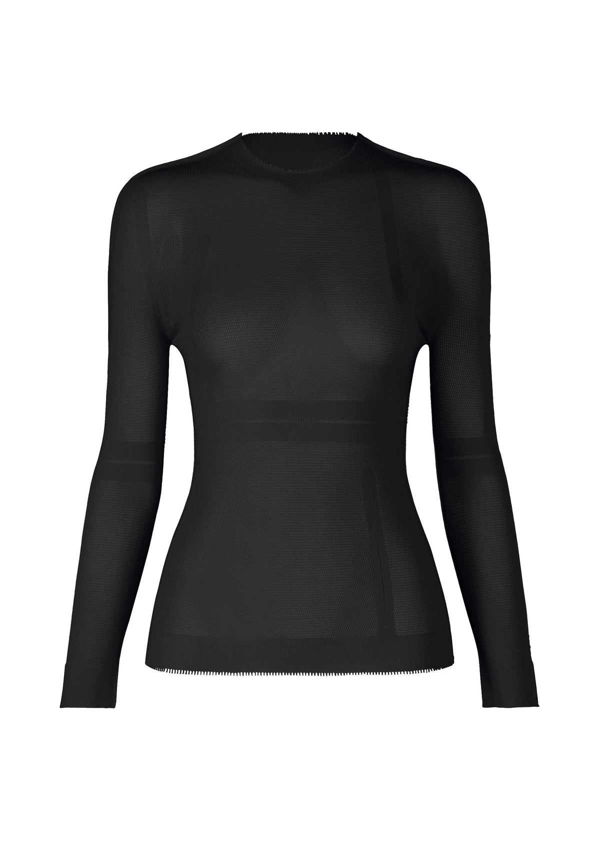 The SLITS MESH AP by ISSEY MIYAKE is a sheer, fitted black mesh top with long sleeves, a round neckline, and subtle horizontal seams—ideal for layering. Shown on a plain white background. view 1 of 6
