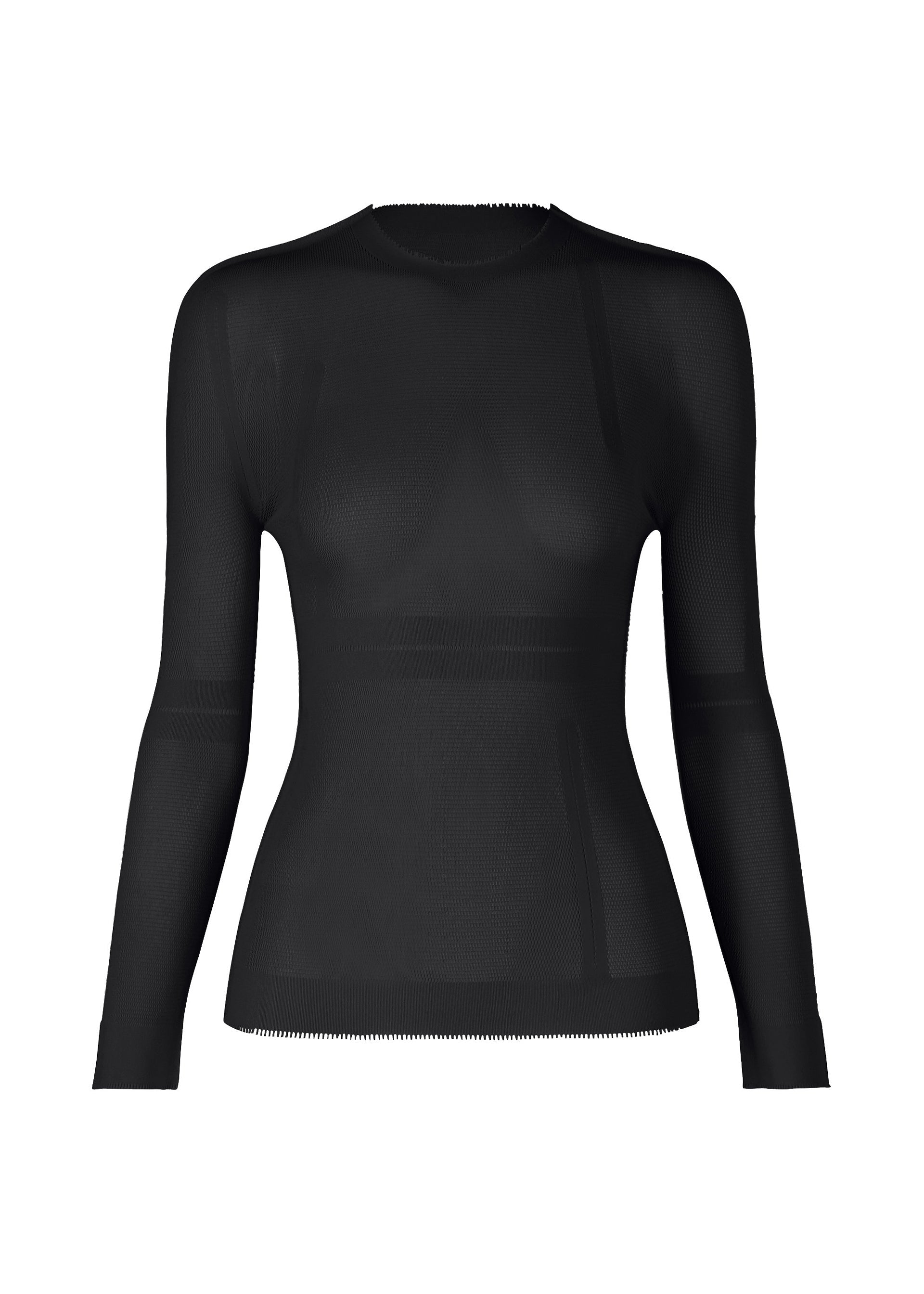 Zoomed view The SLITS MESH AP by ISSEY MIYAKE is a sheer, fitted black mesh top with long sleeves, a round neckline, and subtle horizontal seams—ideal for layering. Shown on a plain white background. - BLACK （no.15）