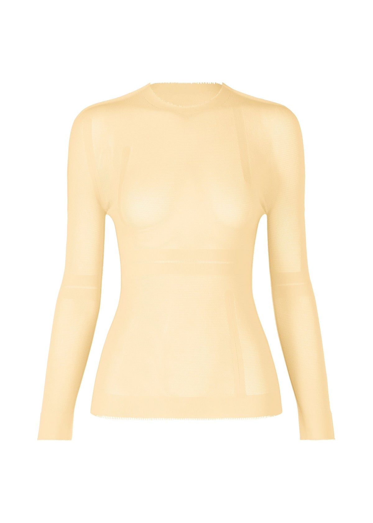 The ISSEY MIYAKE SLITS MESH AP is a beige long-sleeve mesh knit top featuring a crew neckline and subtle ribbed texture, ideal for layering and shown against a white background. view 2 of 6