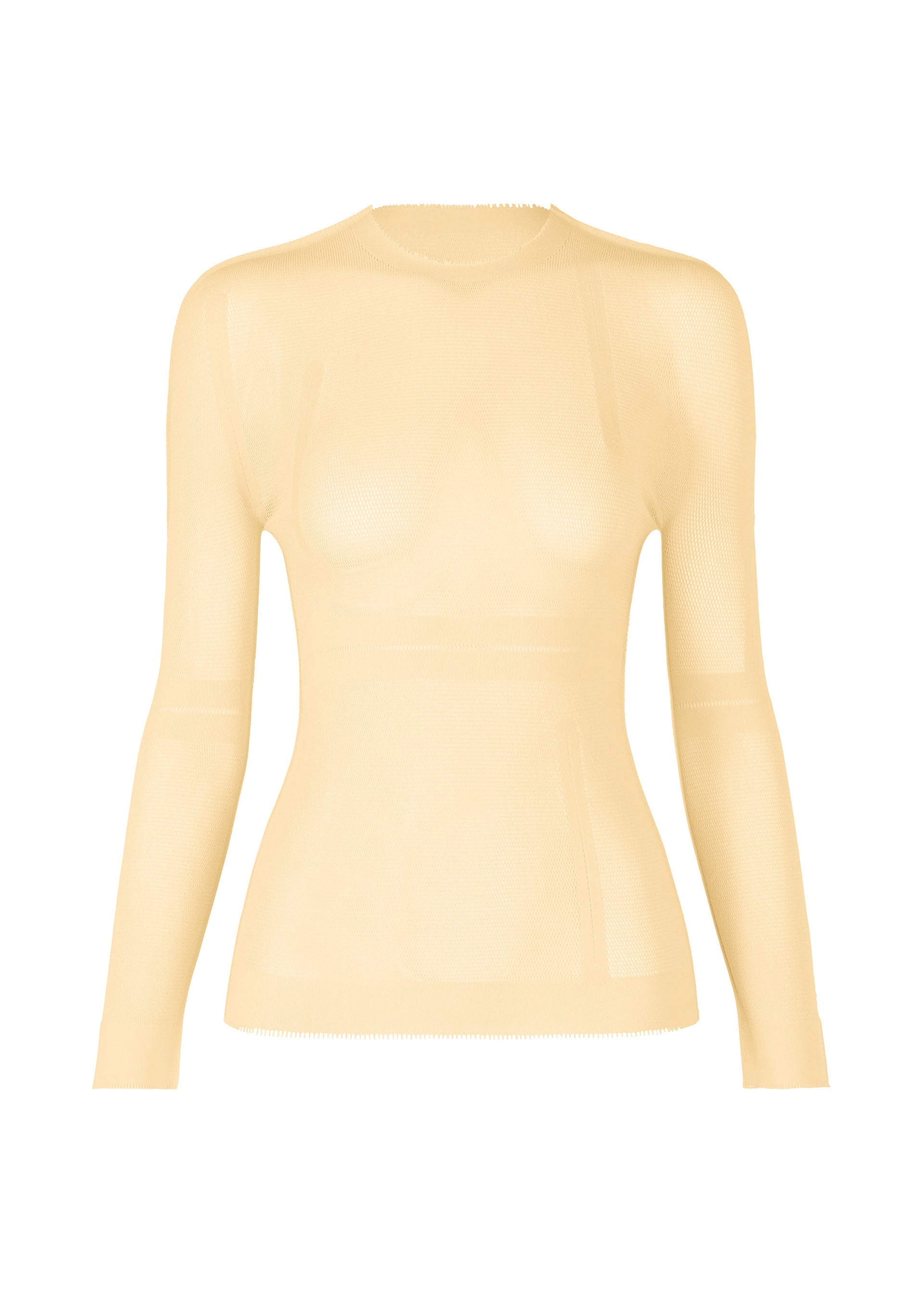Zoomed view The ISSEY MIYAKE SLITS MESH AP is a beige long-sleeve mesh knit top featuring a crew neckline and subtle ribbed texture, ideal for layering and shown against a white background. - EGG BEIGE （no.49）