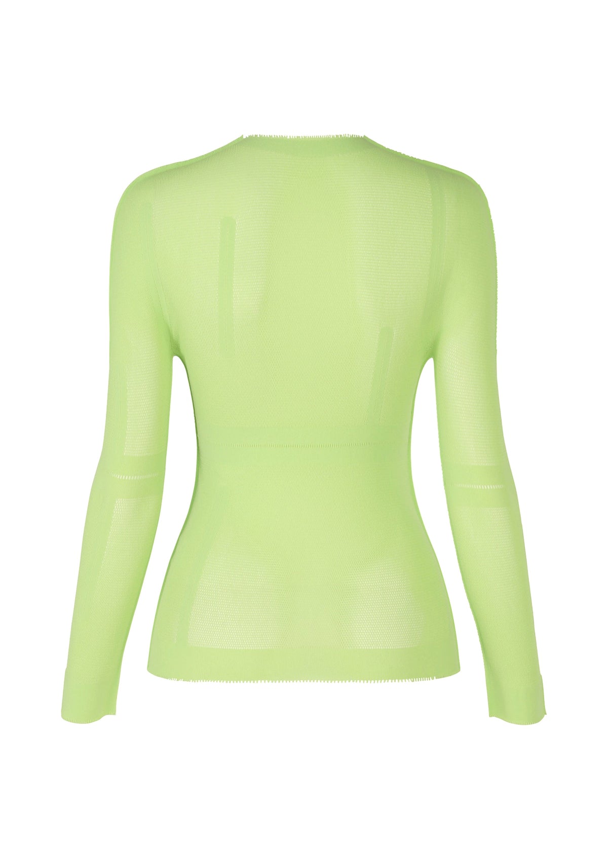ISSEY MIYAKE's SLITS MESH AP is a fitted, long-sleeved mesh top in sheer neon green, shown from the back on a white background with subtle seams and a scooped neckline—ideal for layering. view 3 of 6