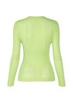 ISSEY MIYAKE's SLITS MESH AP is a fitted, long-sleeved mesh top in sheer neon green, shown from the back on a white background with subtle seams and a scooped neckline—ideal for layering.