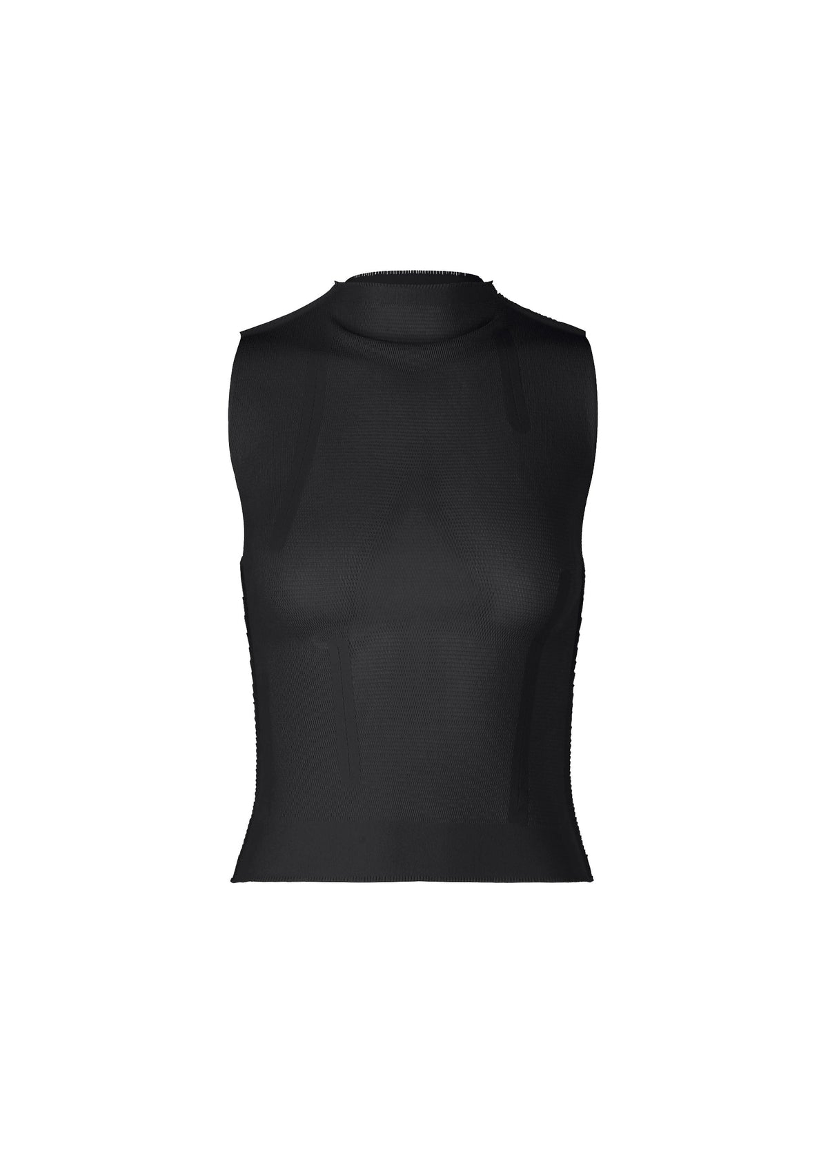 The SLITS MESH AP by ISSEY MIYAKE is a black sleeveless mesh top with a high neckline, ideal for layering or solo wear, shown against a plain white background. view 1 of 6