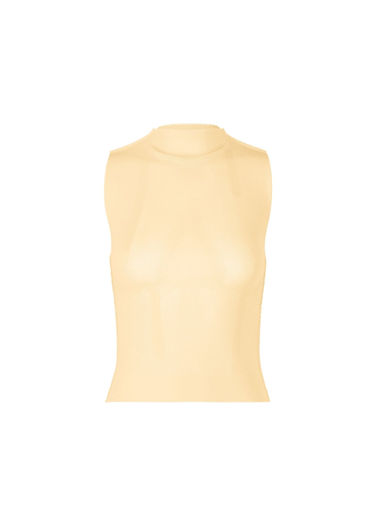 The SLITS MESH AP by ISSEY MIYAKE is a beige, sleeveless semi-sheer mesh turtleneck top shown against a white background—ideal for layering or wearing on its own. view 2 of 6