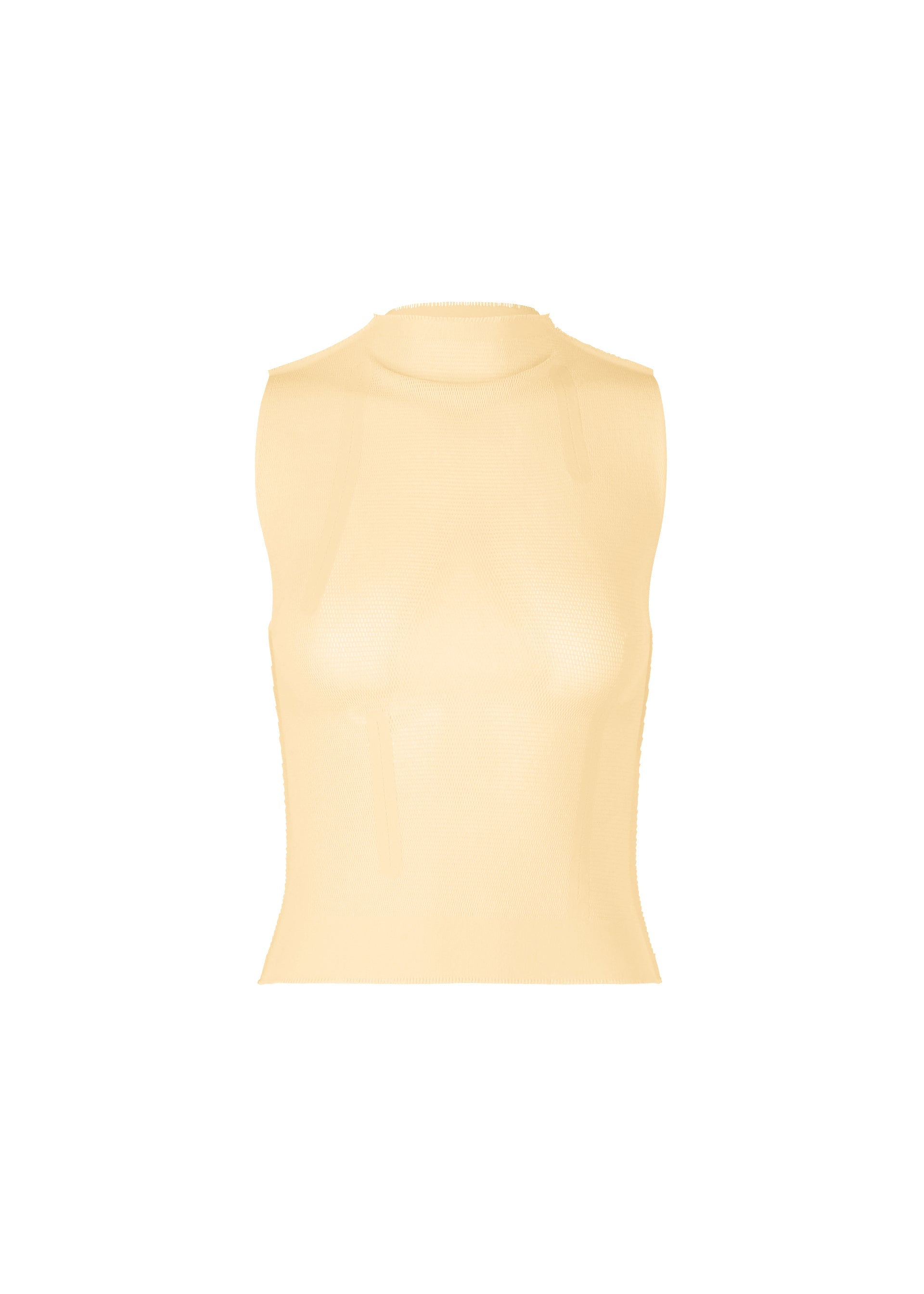 Zoomed view The SLITS MESH AP by ISSEY MIYAKE is a beige, sleeveless semi-sheer mesh turtleneck top shown against a white background—ideal for layering or wearing on its own. - EGG BEIGE （no.49）