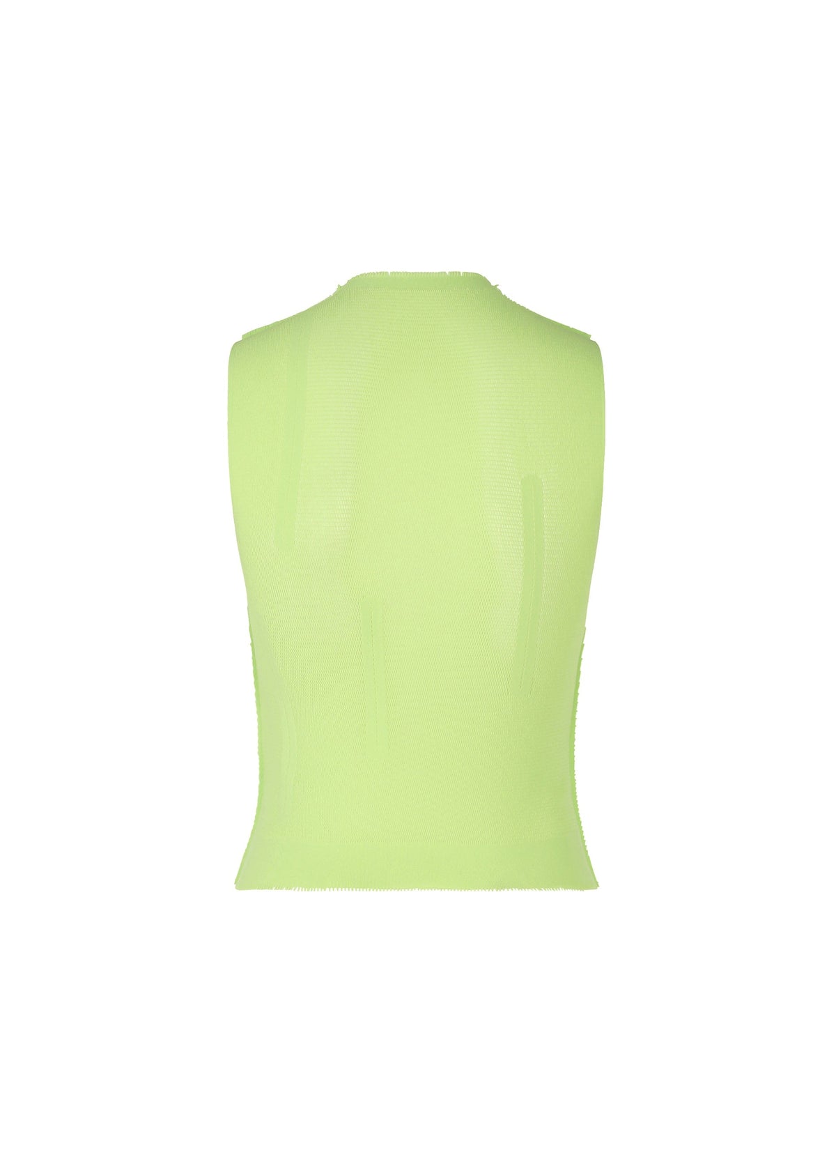 The ISSEY MIYAKE SLITS MESH AP is a neon green, fitted sleeveless knit mock-neck top, shown from the back against a plain white background. view 3 of 6