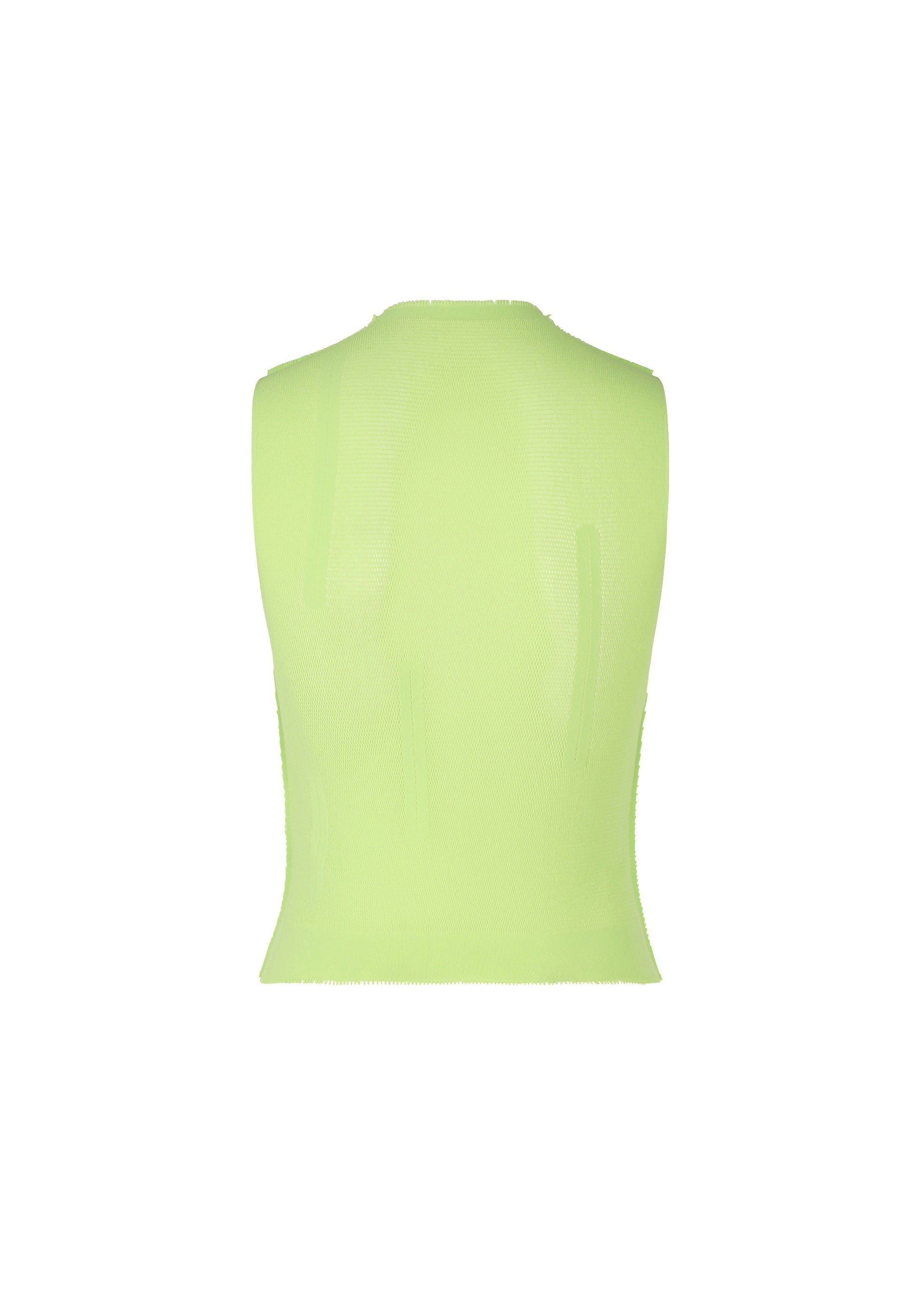 Zoomed view The ISSEY MIYAKE SLITS MESH AP is a neon green, fitted sleeveless knit mock-neck top, shown from the back against a plain white background.
