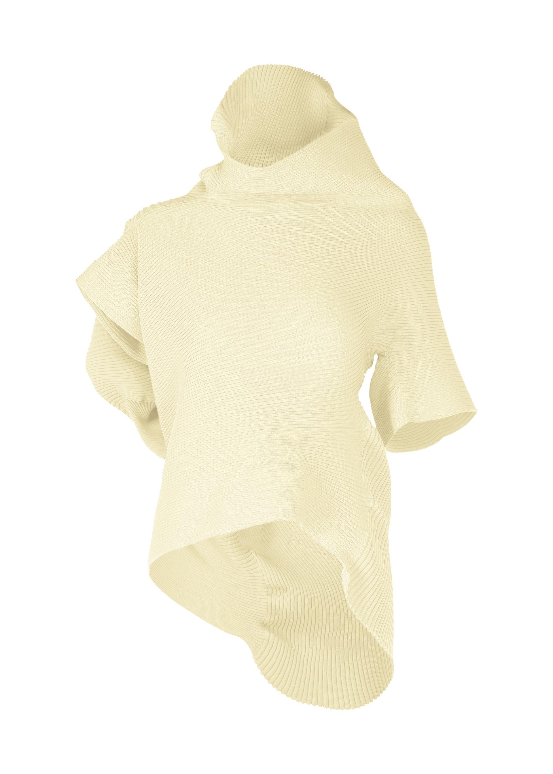 Zoomed view The LIFE FORM top by ISSEY MIYAKE is a cream, asymmetrical knit with a high draped collar, irregular hem, and short sleeves. Made from recycled polyester, its textured fabric creates a modern, sculptural silhouette with an organic feel. - OFF-WHITE （no.02）