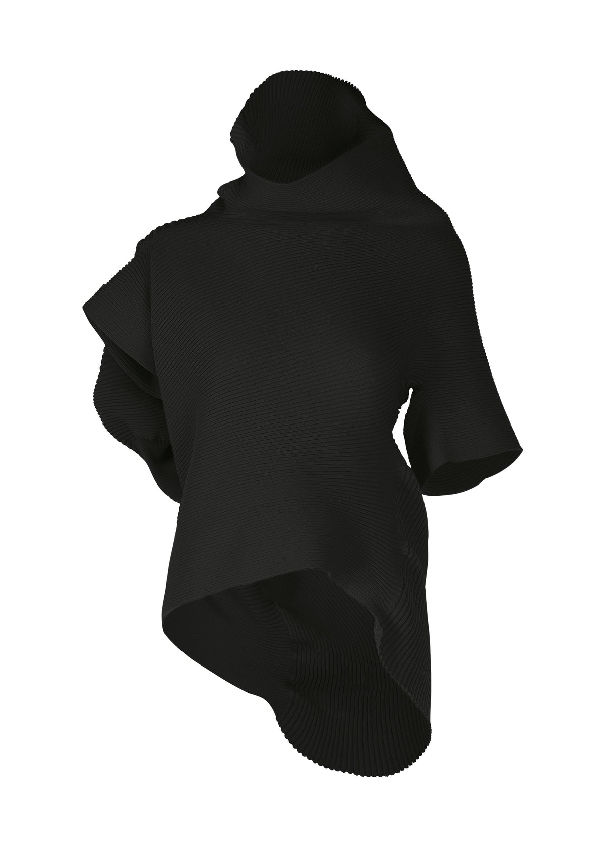 The LIFE FORM top by ISSEY MIYAKE is a sculptural black knit with an asymmetrical design, high draped neckline, wide short sleeves, and textured ribbed fabric made from recycled polyester that flows in organic forms. view 2 of 7