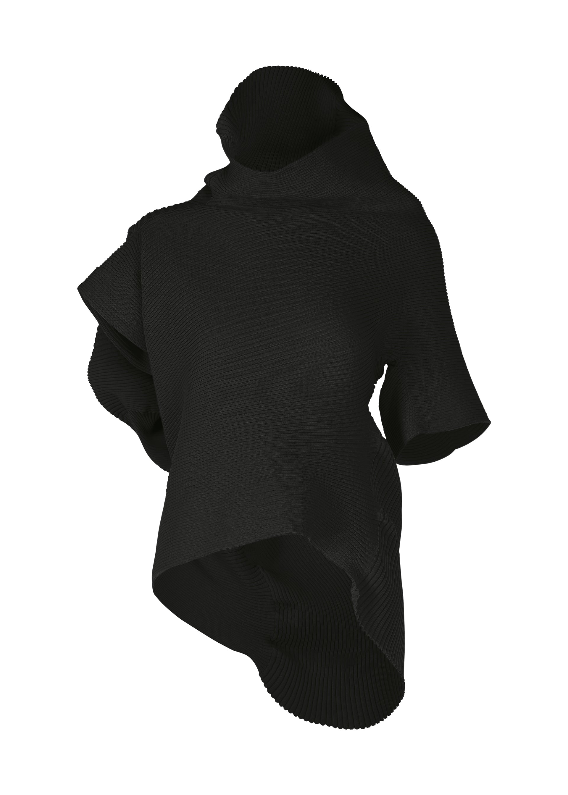Zoomed view The LIFE FORM top by ISSEY MIYAKE is a sculptural black knit with an asymmetrical design, high draped neckline, wide short sleeves, and textured ribbed fabric made from recycled polyester that flows in organic forms. - BLACK （no.15）