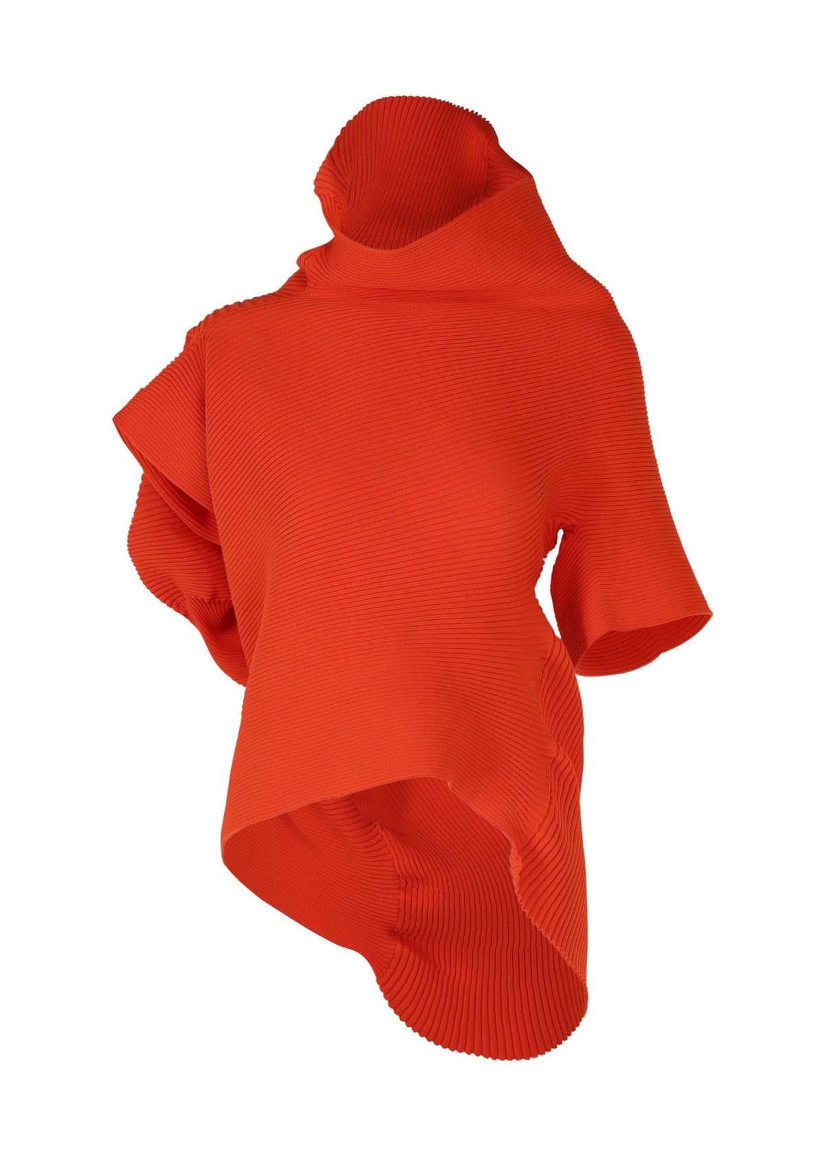 The LIFE FORM top by ISSEY MIYAKE features a sculptural asymmetrical silhouette in bright orange pleated fabric with a high draped collar, short sleeves, and uneven hem, crafted from recycled polyester for eco-conscious style. view 3 of 7