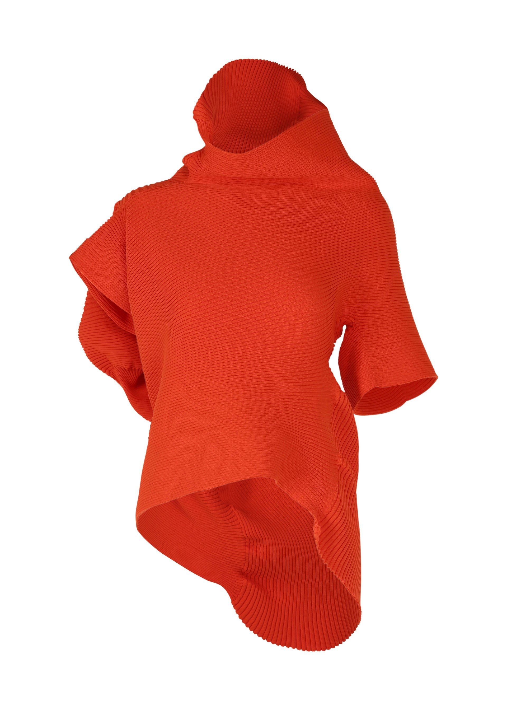 Zoomed view The LIFE FORM top by ISSEY MIYAKE features a sculptural asymmetrical silhouette in bright orange pleated fabric with a high draped collar, short sleeves, and uneven hem, crafted from recycled polyester for eco-conscious style. - MACAW RED （no.28）